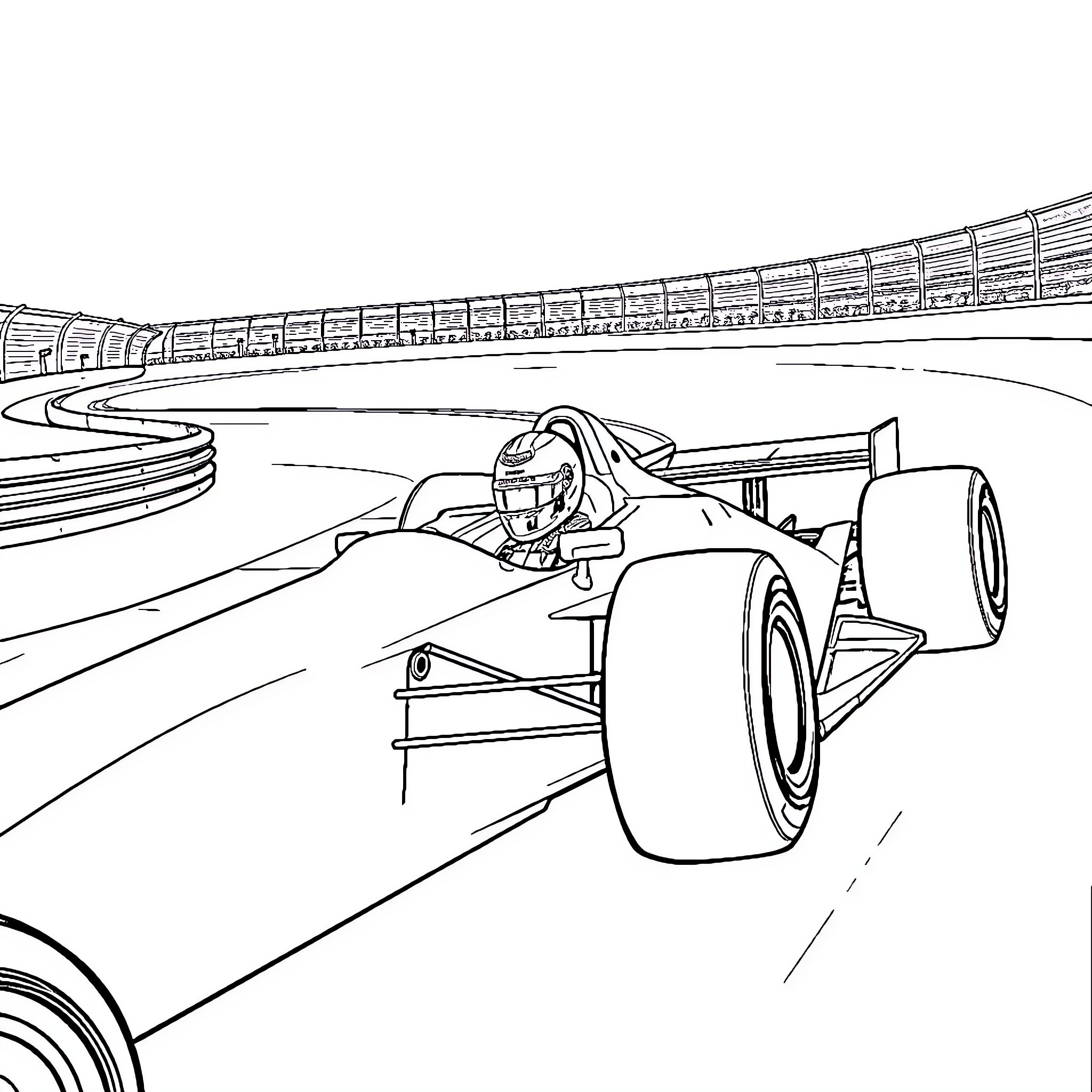 Formula One Car speeding on the racing track Coloring Page (free black-and-white line drawing printable PDF for all, from beginners to advanced learners, including children, teens, adults, and seniors)