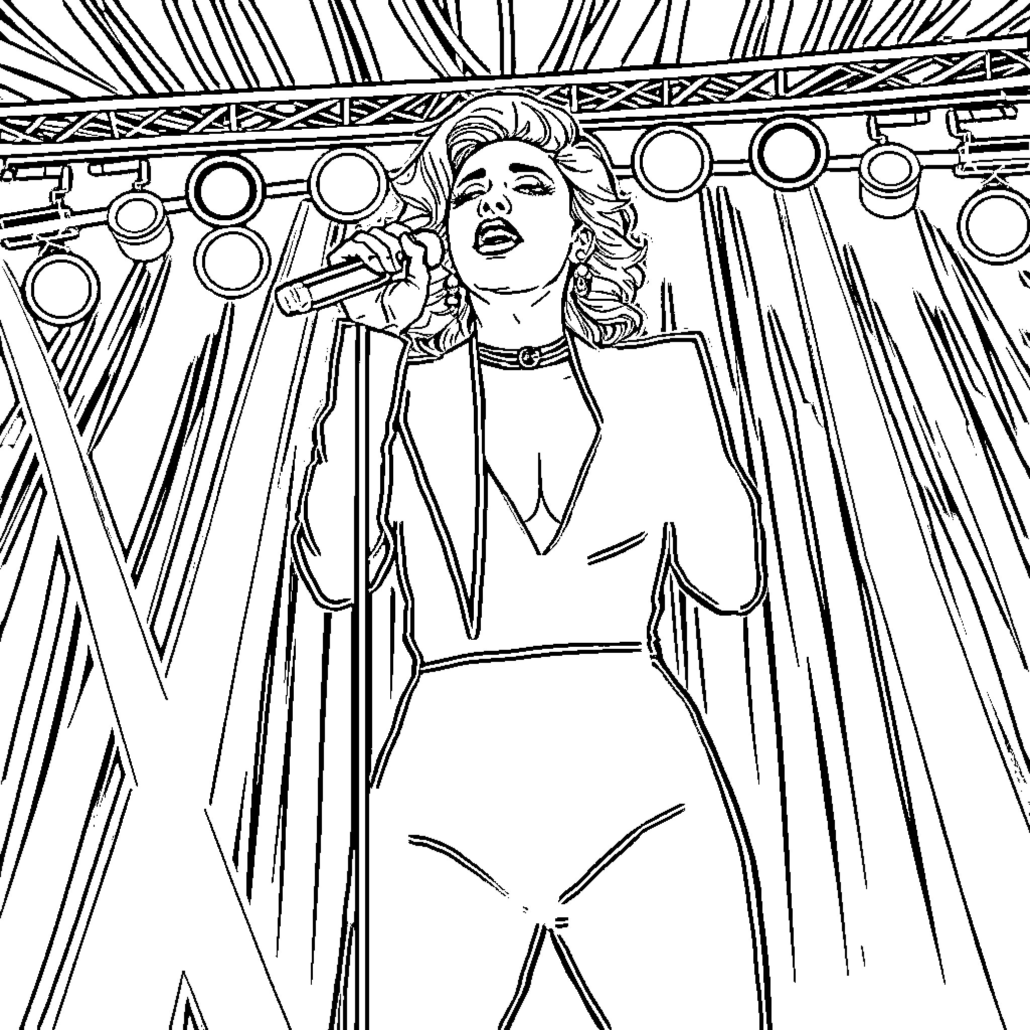 Lady Gaga Performing on Stage with Passion Coloring Page (free black-and-white line drawing printable PDF for all, from beginners to advanced learners, including children, teens, adults, and seniors)