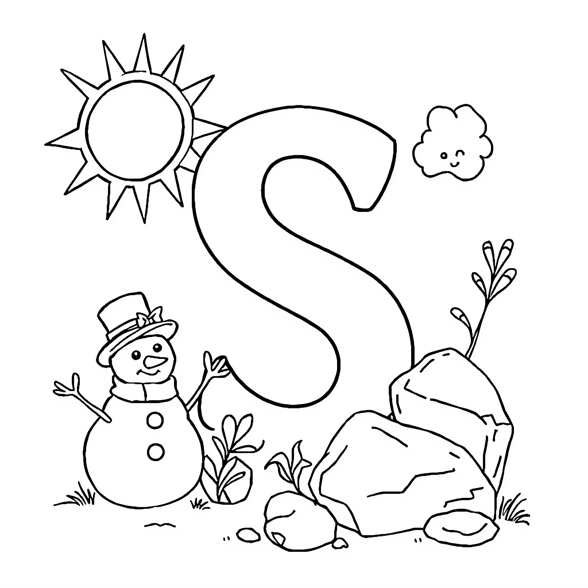 Snowy scene with smiling snowman and sun Coloring Page (free black-and-white line drawing printable PDF for all, from beginners to advanced learners, including children, teens, adults, and seniors)