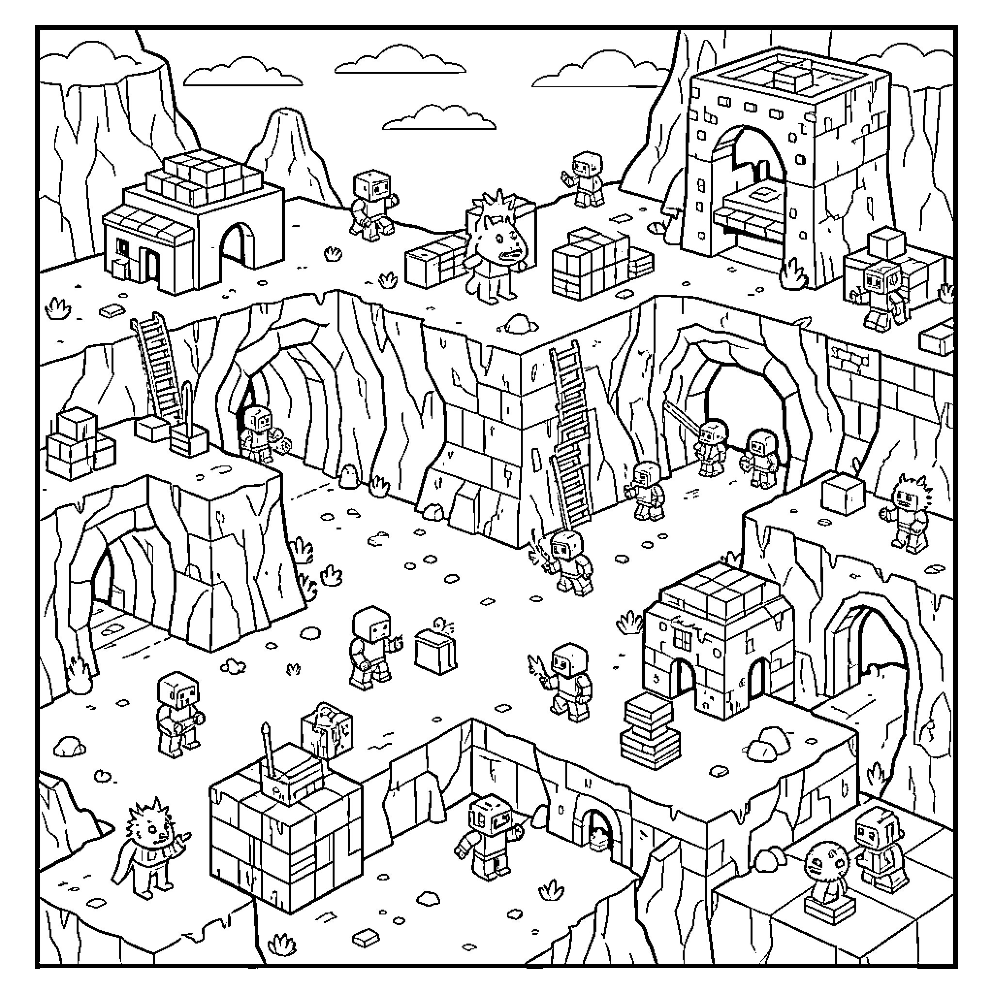 Minecraft characters exploring a vast blocky landscape Coloring Page (free black-and-white line drawing printable PDF for all, from beginners to advanced learners, including children, teens, adults, and seniors)