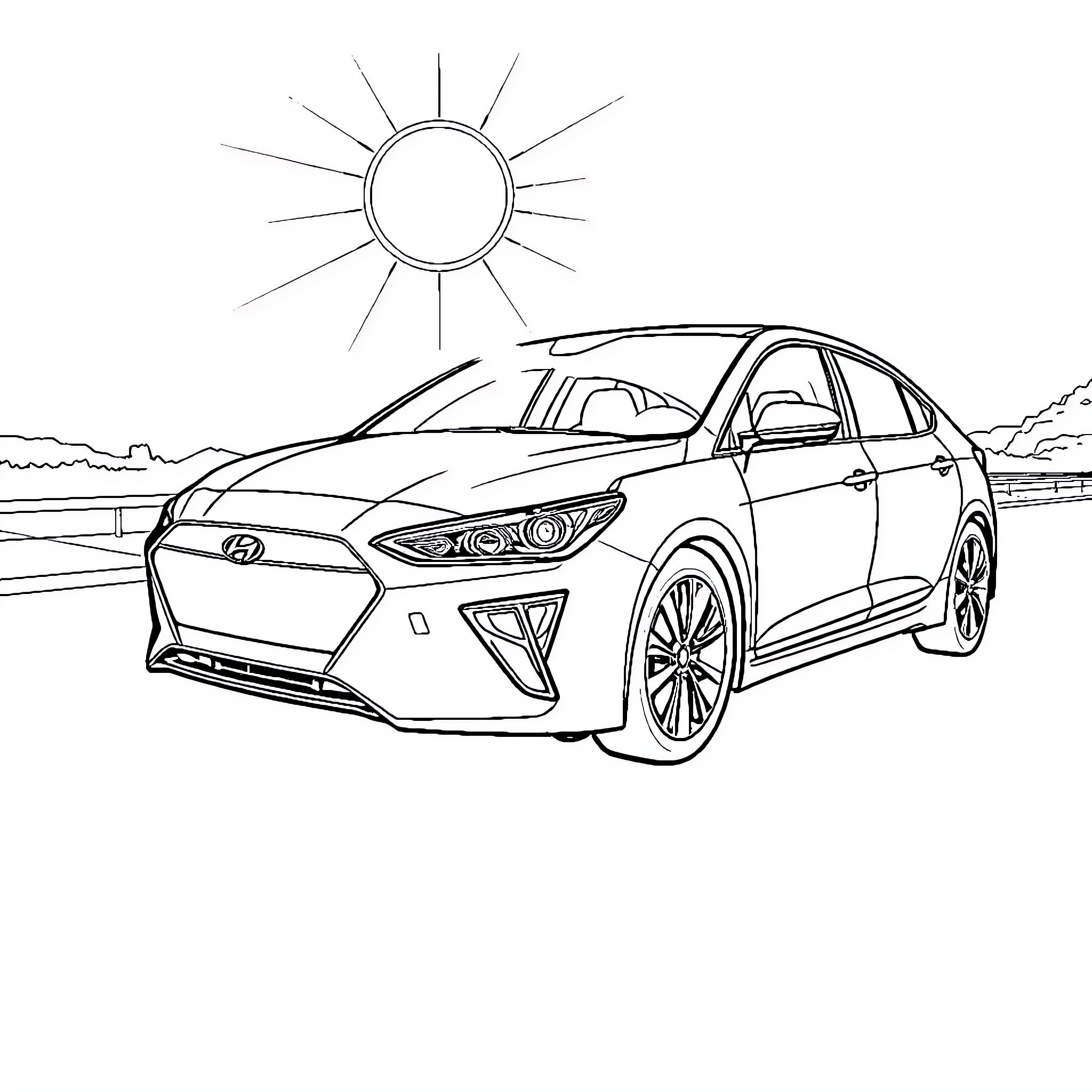 Hyundai Ioniq 5 in outdoor scene Coloring Page (free black-and-white line drawing printable PDF for all, from beginners to advanced learners, including children, teens, adults, and seniors)