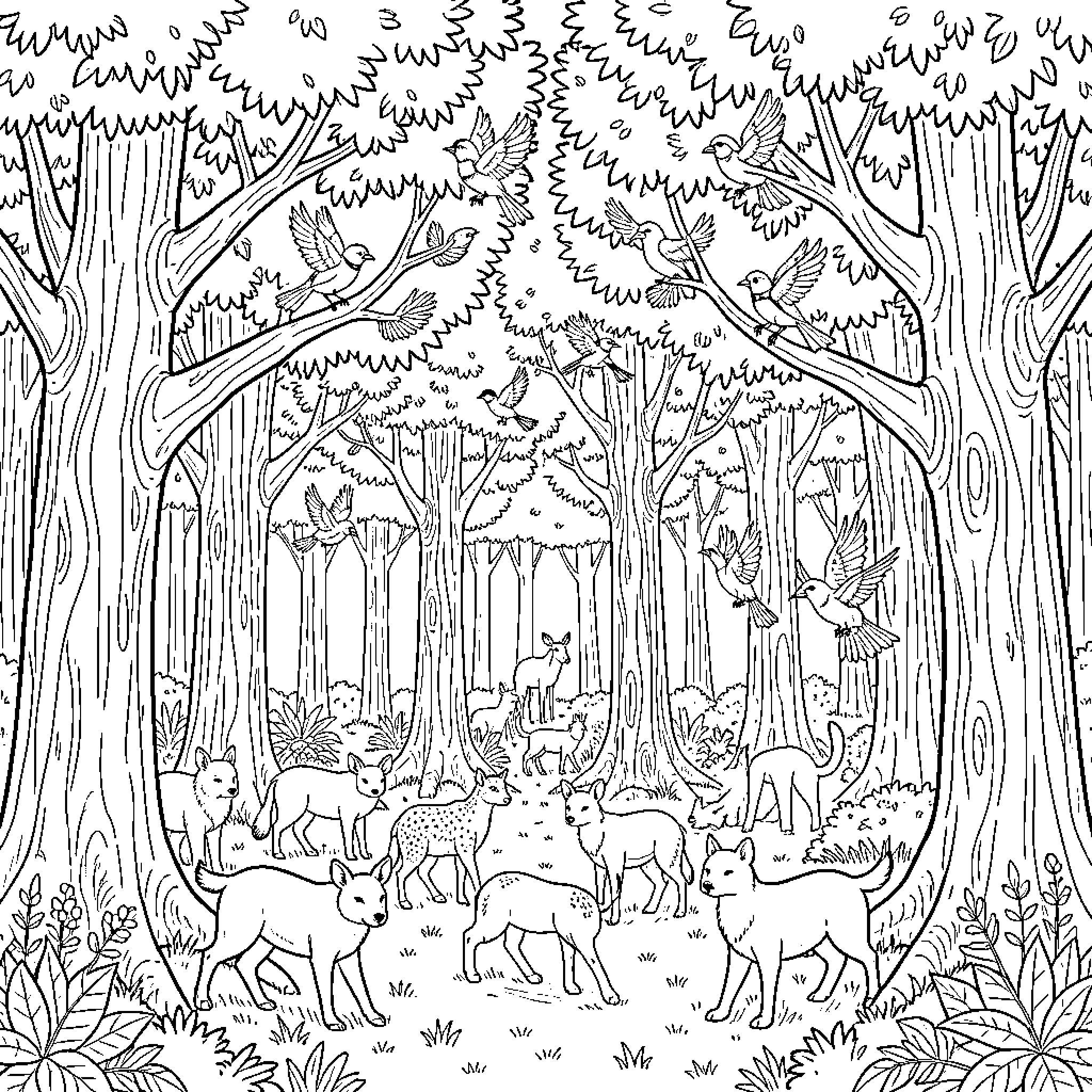 Animal Forest Scene with Diverse Wildlife Coloring Page (free black-and-white line drawing printable PDF for all, from beginners to advanced learners, including children, teens, adults, and seniors)