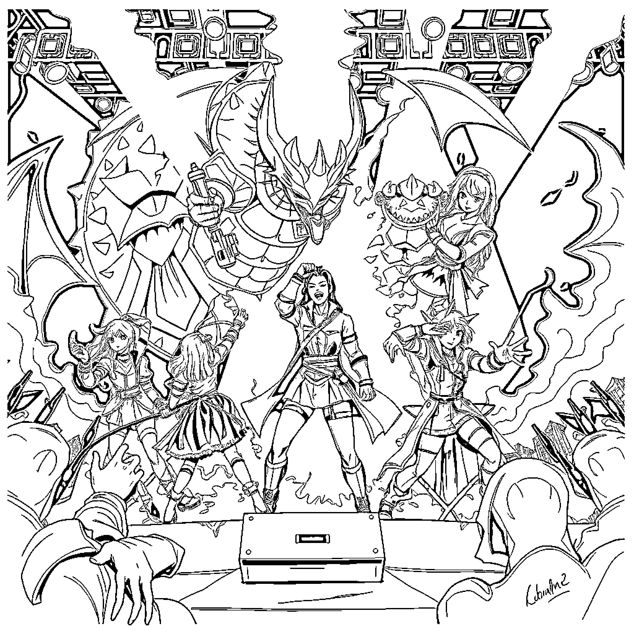 Demon Hunter Battles Fantastical Creatures Coloring Page (free black-and-white line drawing printable PDF for all, from beginners to advanced learners, including children, teens, adults, and seniors)