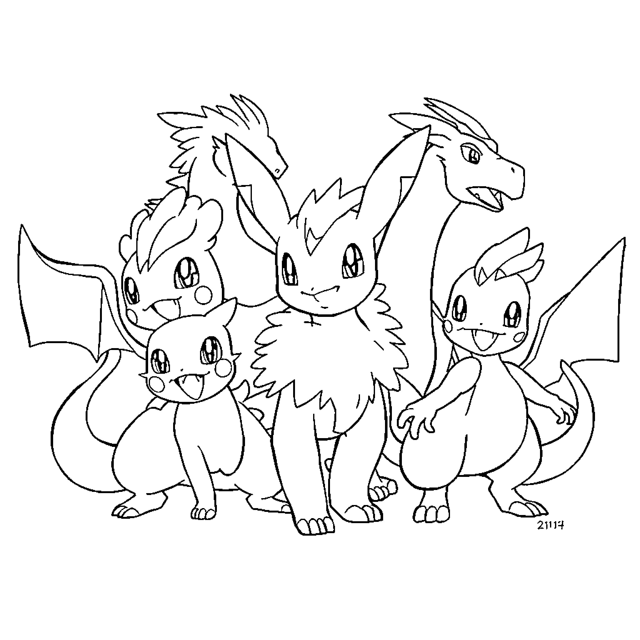 Pokémon characters in playful poses Coloring Page (free black-and-white line drawing printable PDF for all, from beginners to advanced learners, including children, teens, adults, and seniors)