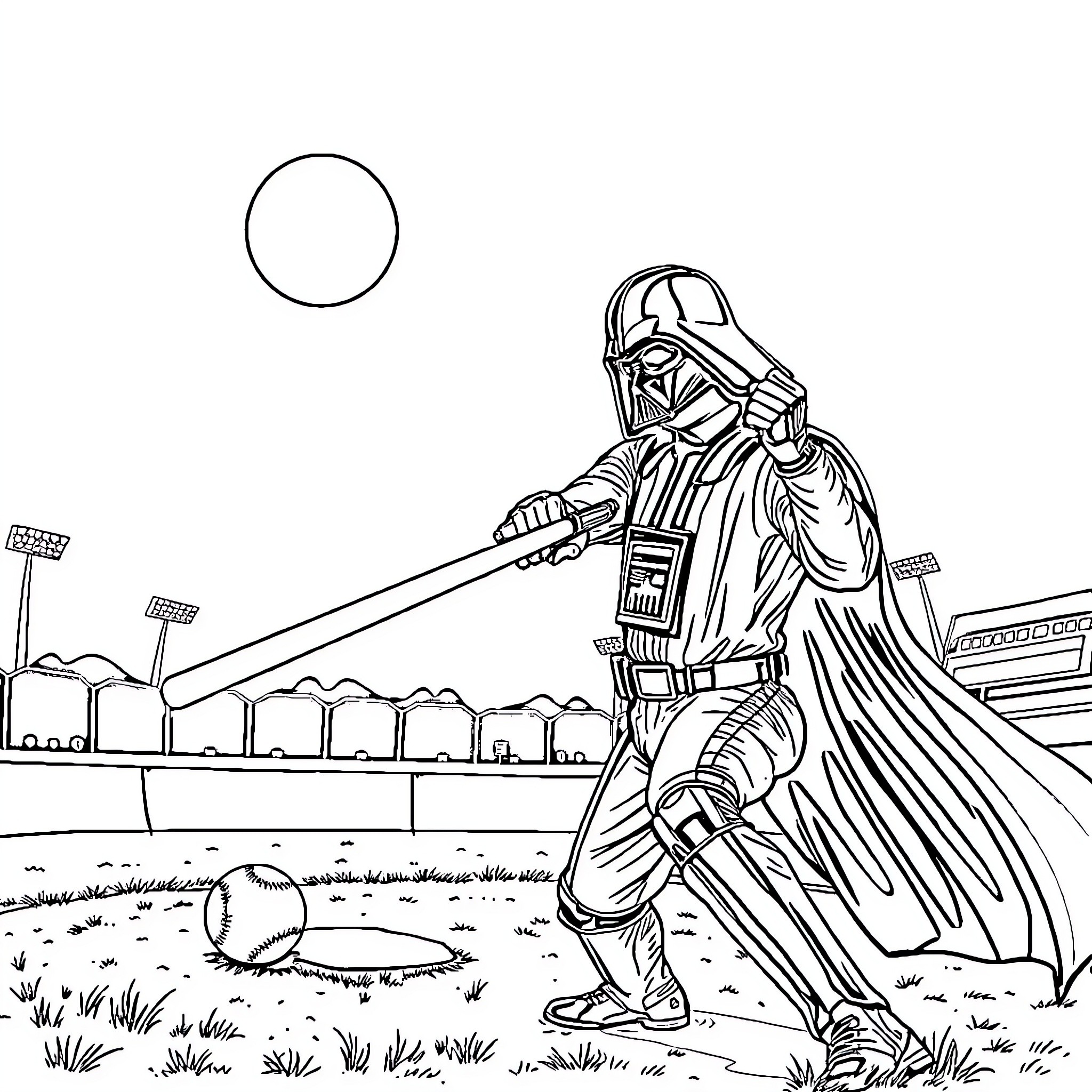 Darth Vader wielding lightsaber on the battlefield Coloring Page (free black-and-white line drawing printable PDF for all, from beginners to advanced learners, including children, teens, adults, and seniors)