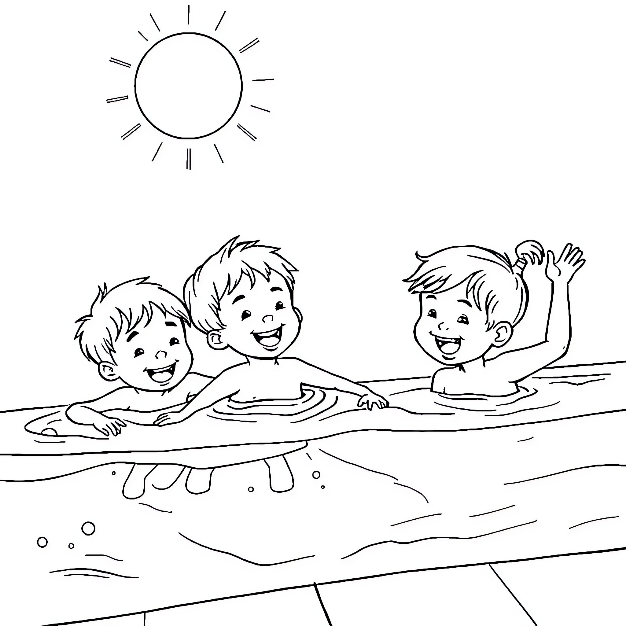 Children playing joyfully in the water Coloring Page (free black-and-white line drawing printable PDF for all, from beginners to advanced learners, including children, teens, adults, and seniors)