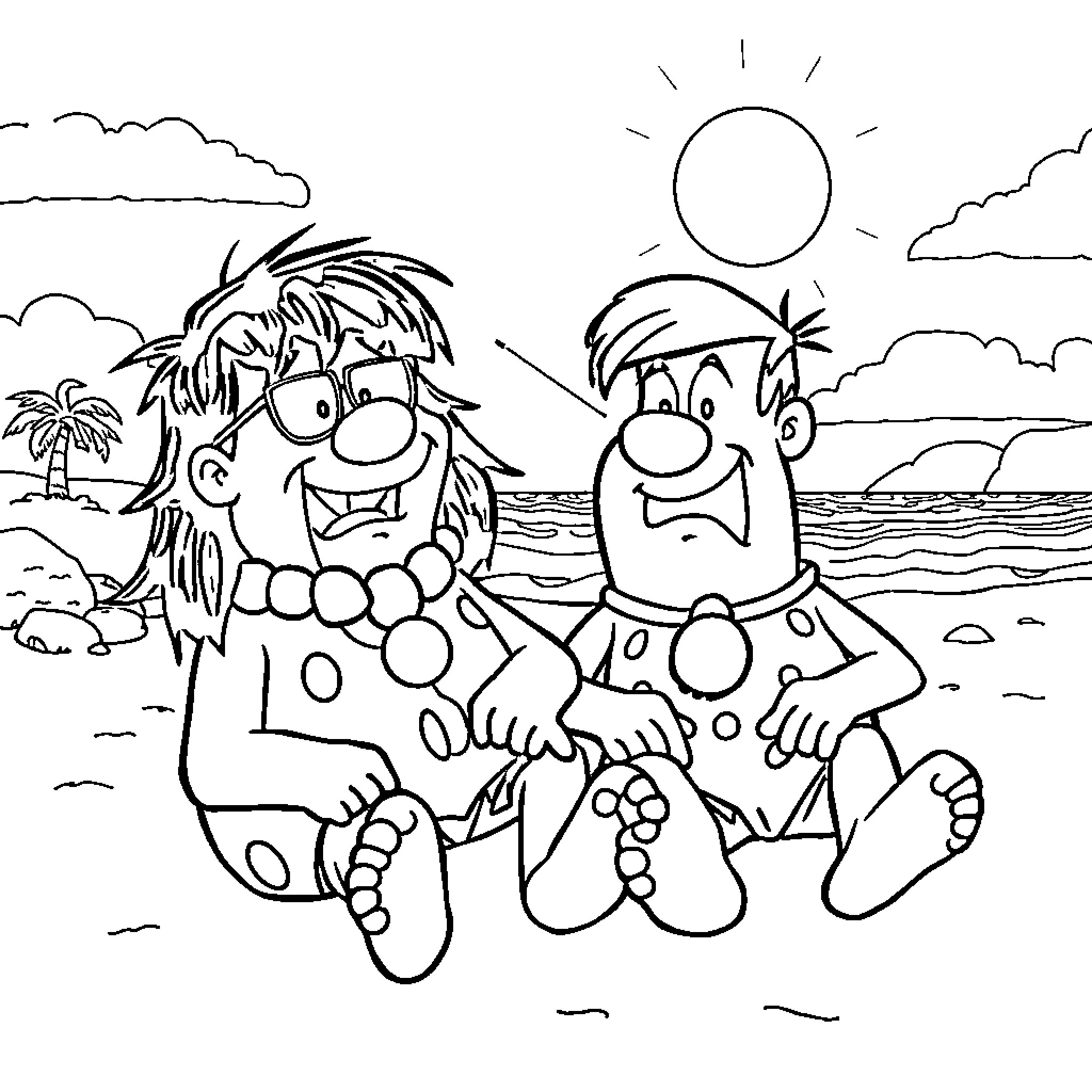 Fred Flintstone and Barney Rubble Enjoying a Beach Day Coloring Page (free black-and-white line drawing printable PDF for all, from beginners to advanced learners, including children, teens, adults, and seniors)