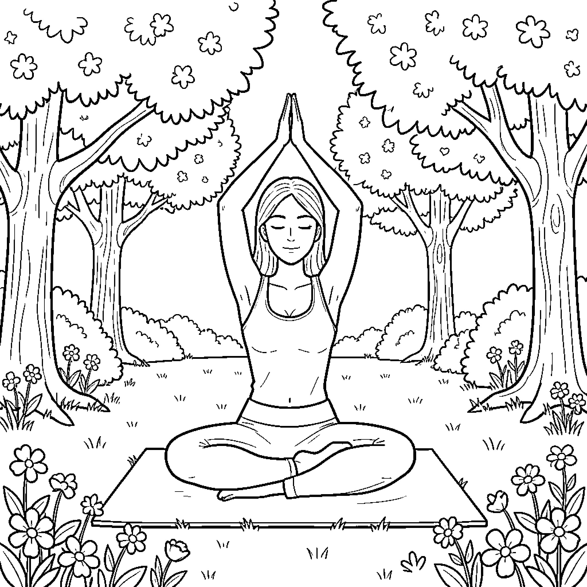 Person practicing yoga in nature Coloring Page (free black-and-white line drawing printable PDF for all, from beginners to advanced learners, including children, teens, adults, and seniors)