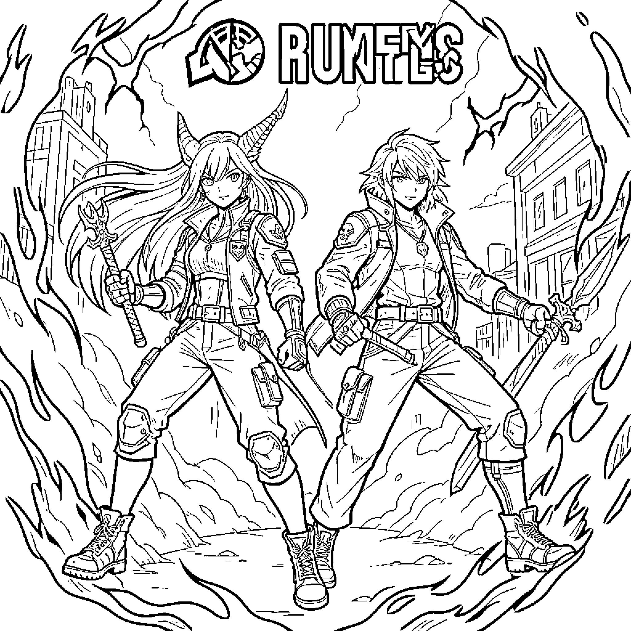 Mira featuring two heroic warriors posing with weapons Coloring Page (free black-and-white line drawing printable PDF for all, from beginners to advanced learners, including children, teens, adults, and seniors)