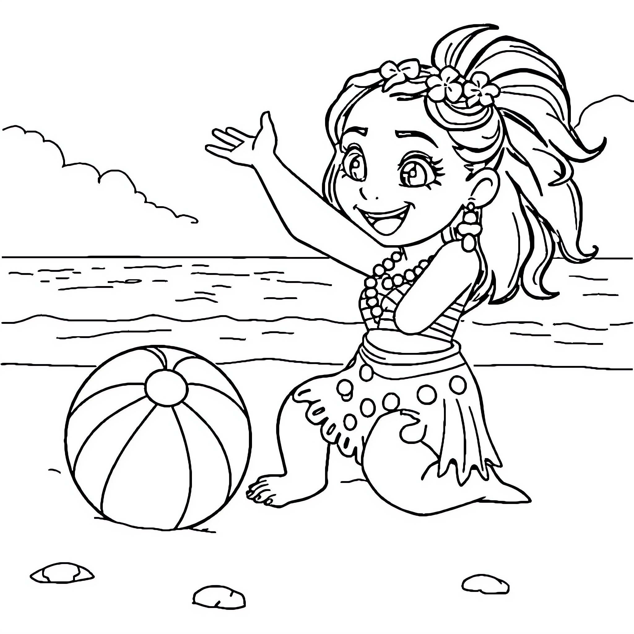Moana enjoying a day at the beach Coloring Page (free black-and-white line drawing printable PDF for all, from beginners to advanced learners, including children, teens, adults, and seniors)