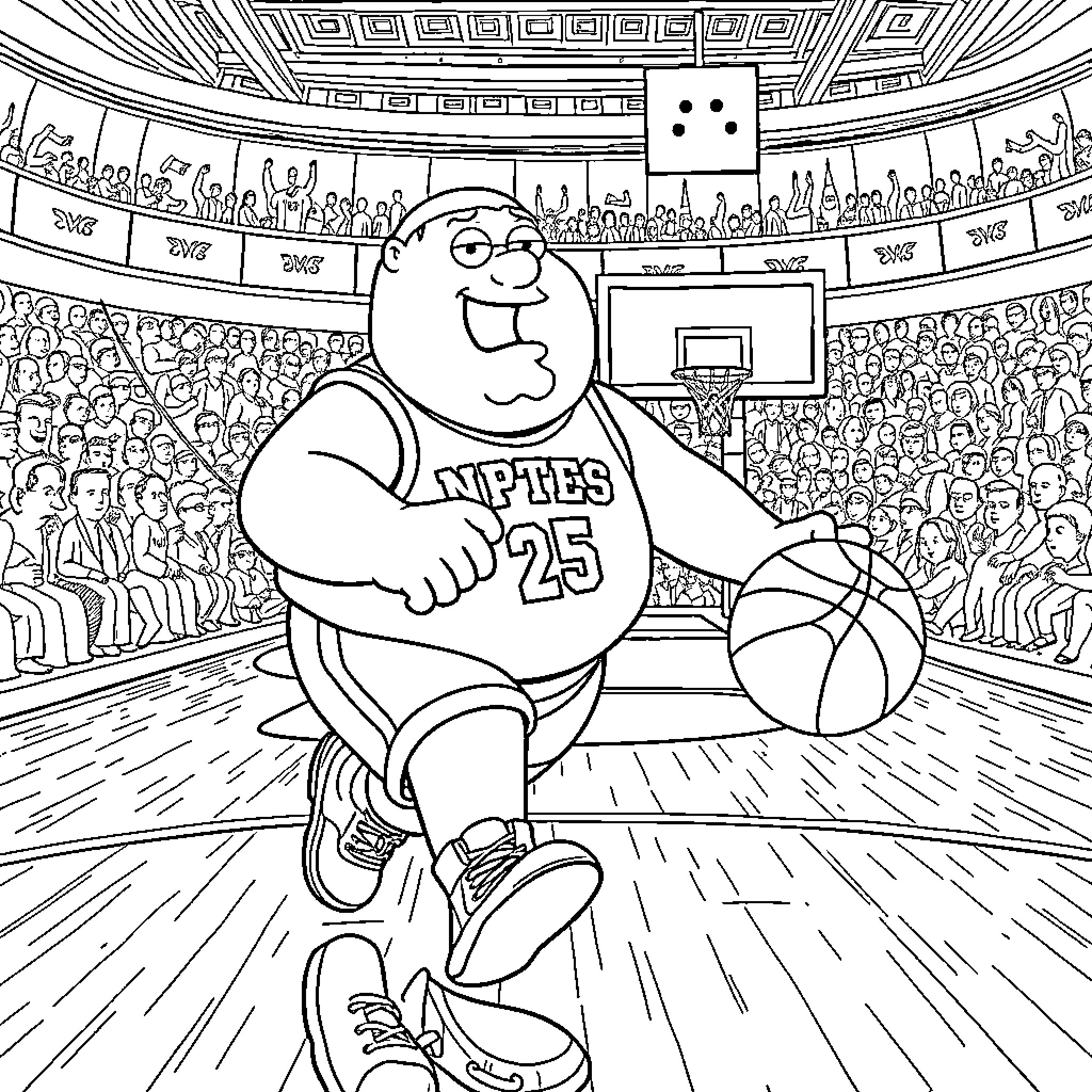 Peter Griffin playing basketball in a crowded stadium Coloring Page (free black-and-white line drawing printable PDF for all, from beginners to advanced learners, including children, teens, adults, and seniors)