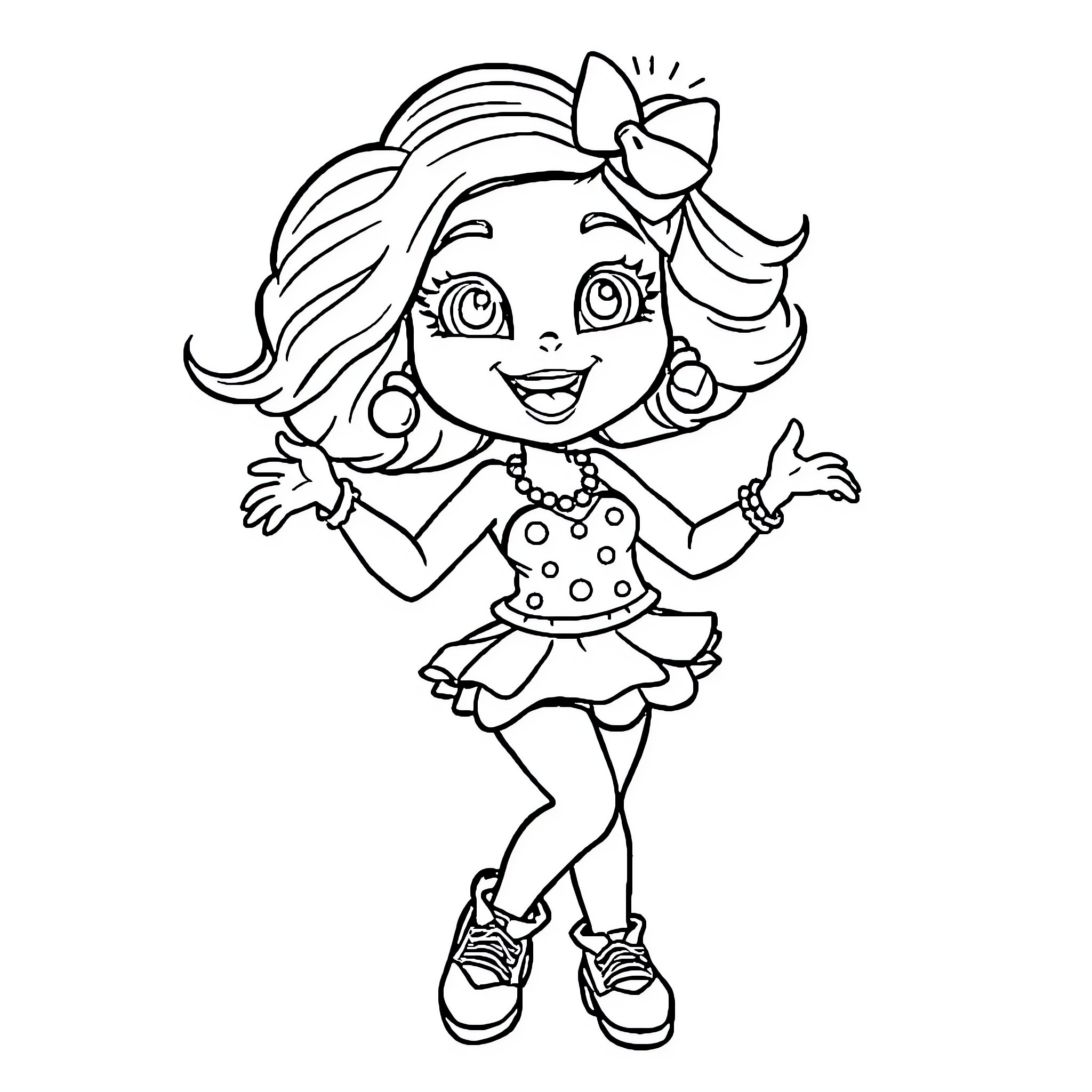 Toy Chica excitedly posing in a polka dot dress Coloring Page (free black-and-white line drawing printable PDF for all, from beginners to advanced learners, including children, teens, adults, and seniors)