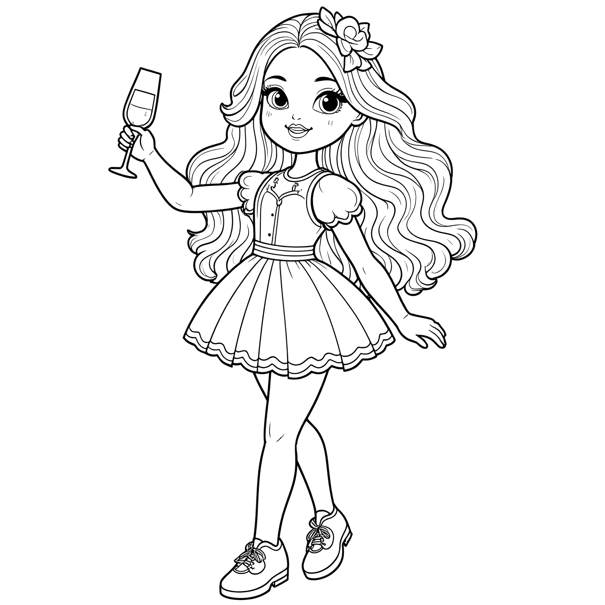 Barbie Holding Wine Glass with Flower Hairband Coloring Page (free black-and-white line drawing printable PDF for all, from beginners to advanced learners, including children, teens, adults, and seniors)