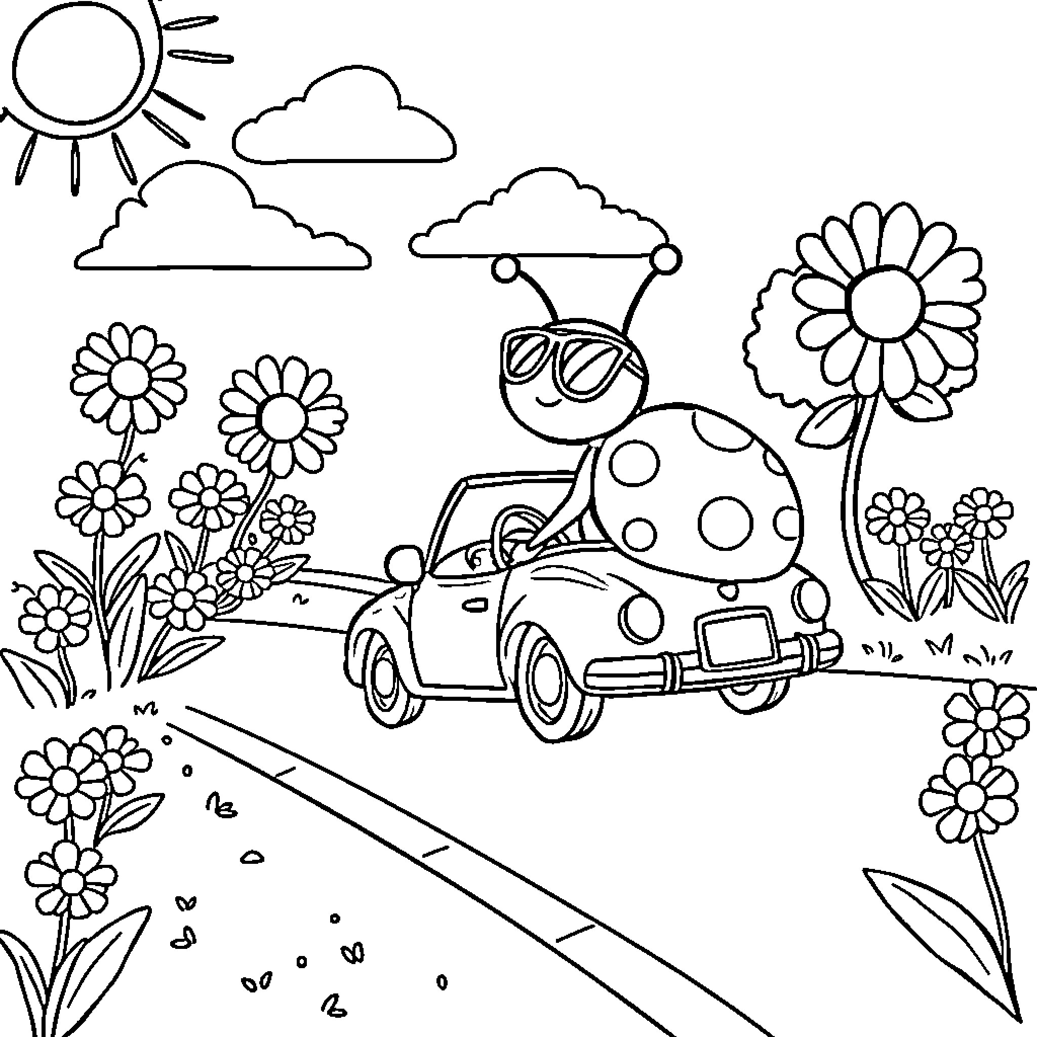Ladybug driving a polka dot car through a flower garden Coloring Page (free black-and-white line drawing printable PDF for all, from beginners to advanced learners, including children, teens, adults, and seniors)