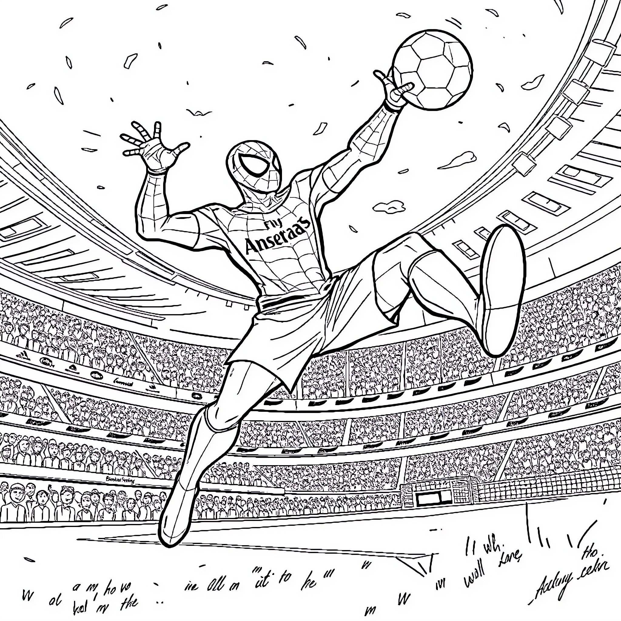 Spiderman playing soccer in an arena Coloring Page (free black-and-white line drawing printable PDF for all, from beginners to advanced learners, including children, teens, adults, and seniors)