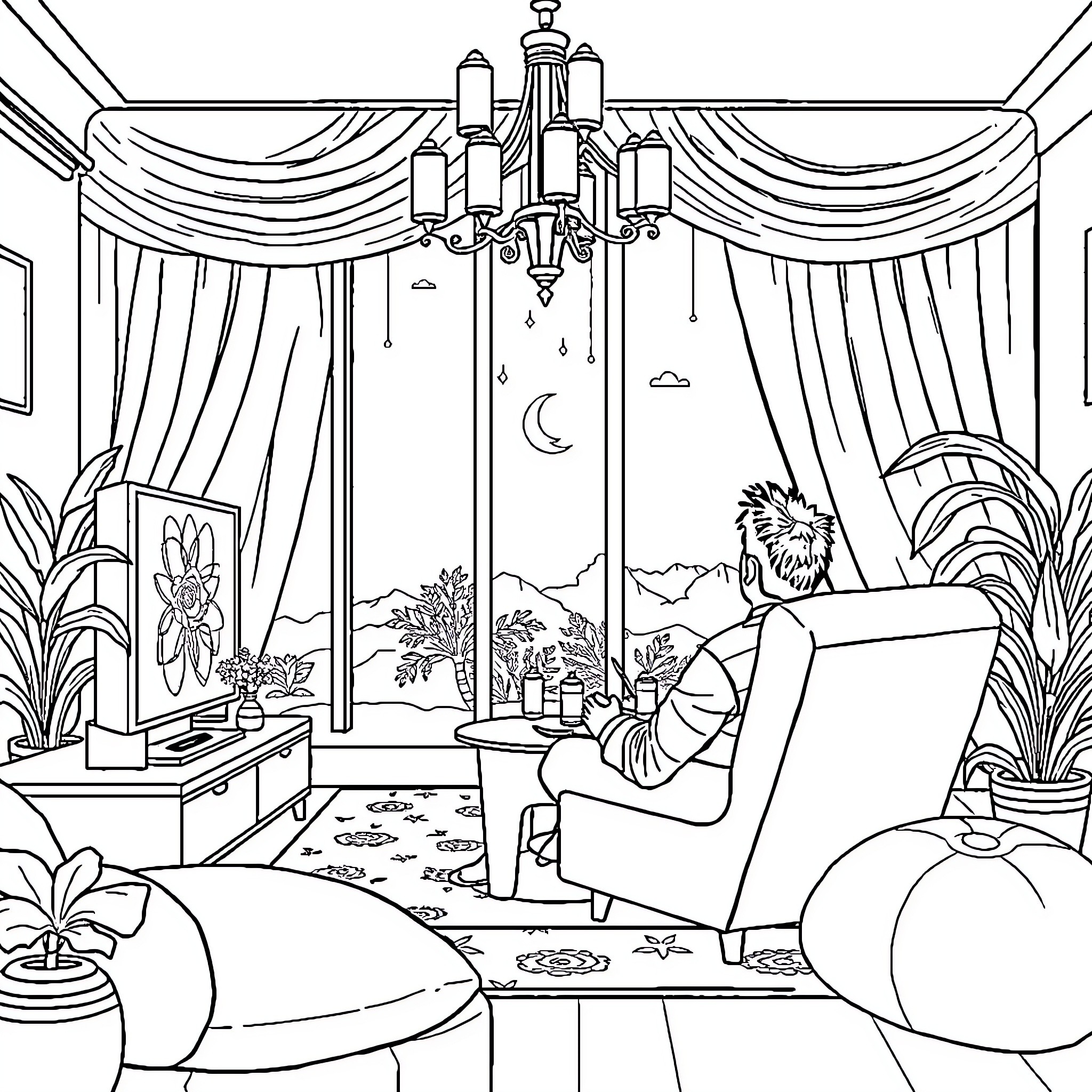 Pemuda enjoying a cozy evening at home Coloring Page (free black-and-white line drawing printable PDF for all, from beginners to advanced learners, including children, teens, adults, and seniors)