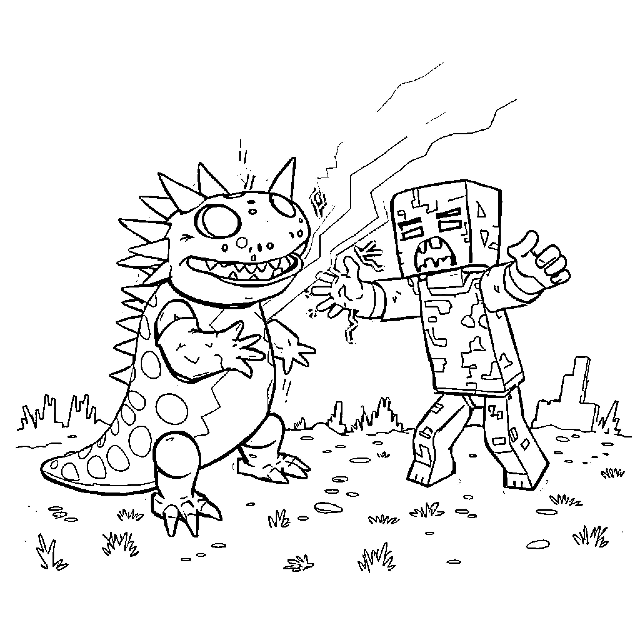 Axolotl and Robot Exploring the Outdoors Coloring Page (free black-and-white line drawing printable PDF for all, from beginners to advanced learners, including children, teens, adults, and seniors)