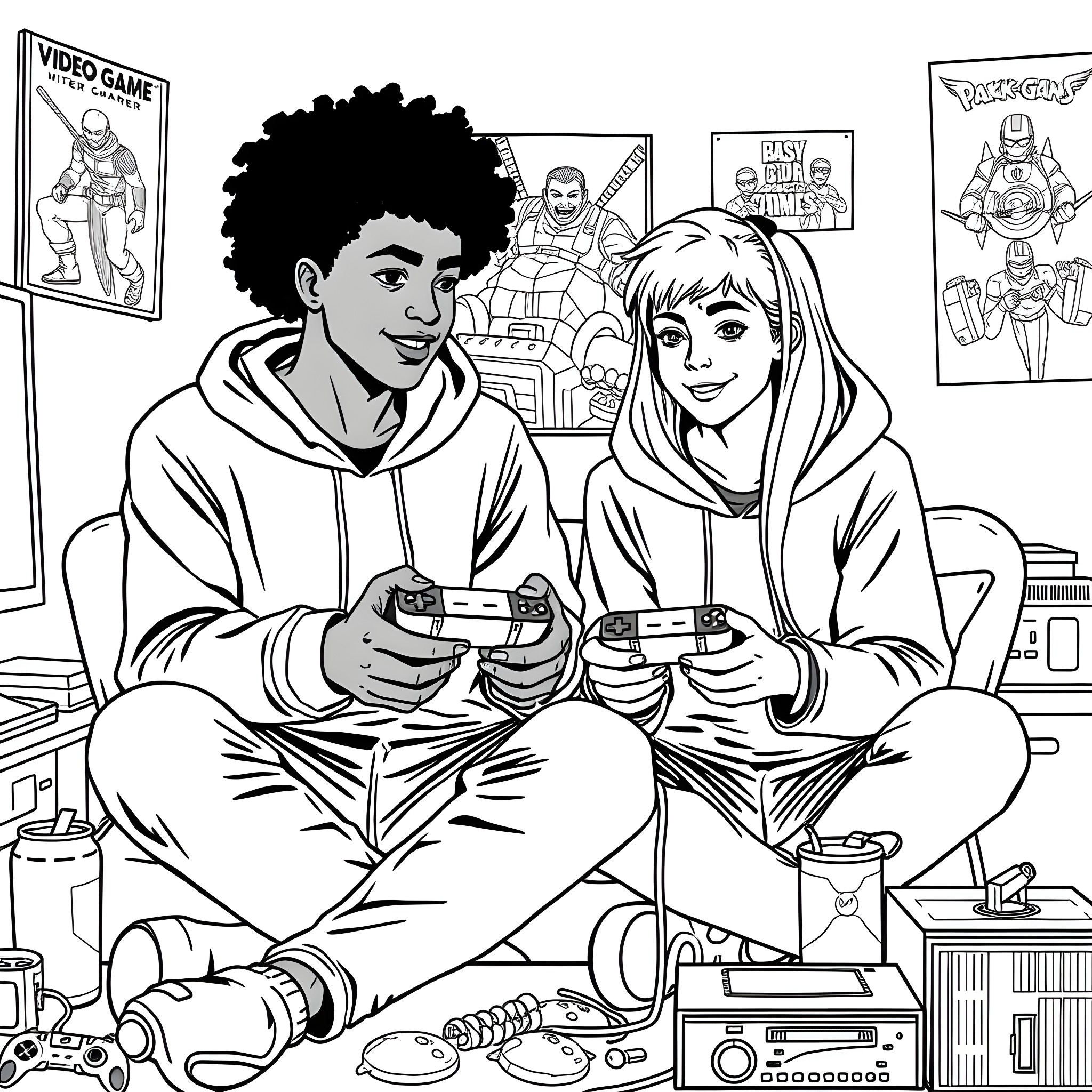 Teen Guy and Girl Playing Video Games Together Coloring Page (free black-and-white line drawing printable PDF for all, from beginners to advanced learners, including children, teens, adults, and seniors)