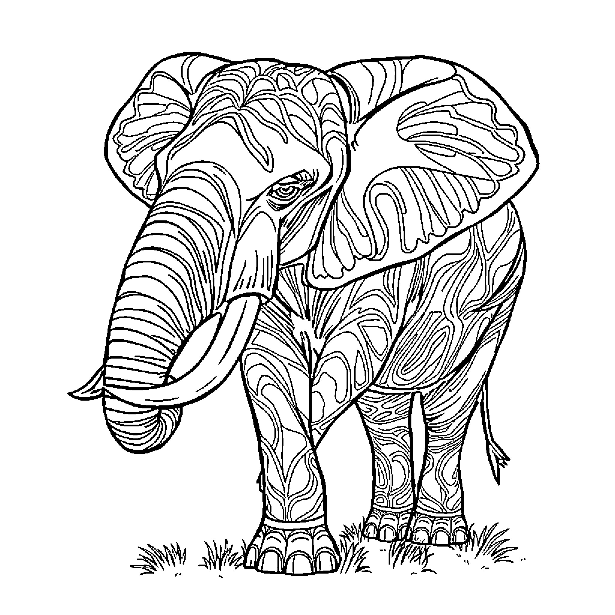 Elephant with intricate patterns on its body Coloring Page (free black-and-white line drawing printable PDF for all, from beginners to advanced learners, including children, teens, adults, and seniors)