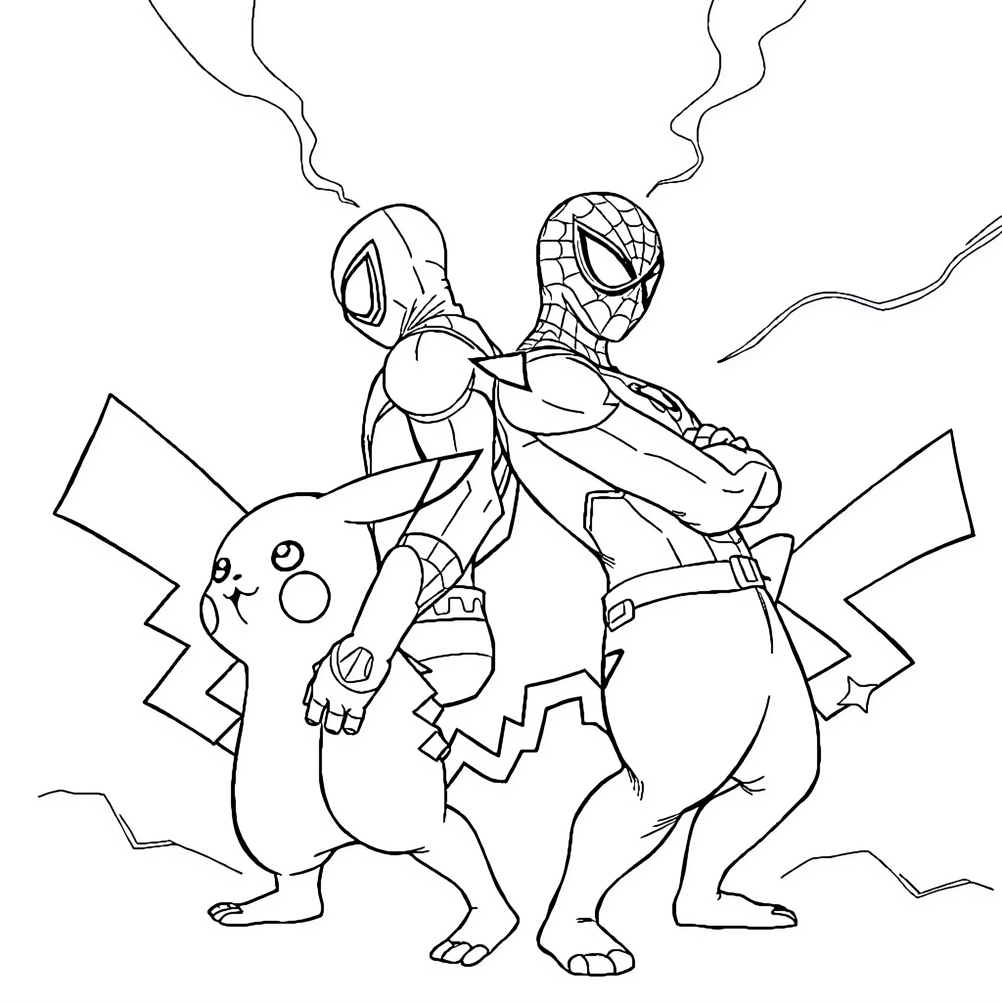 Pikachu and Spider-Man in an action-packed scene Coloring Page (free black-and-white line drawing printable PDF for all, from beginners to advanced learners, including children, teens, adults, and seniors)