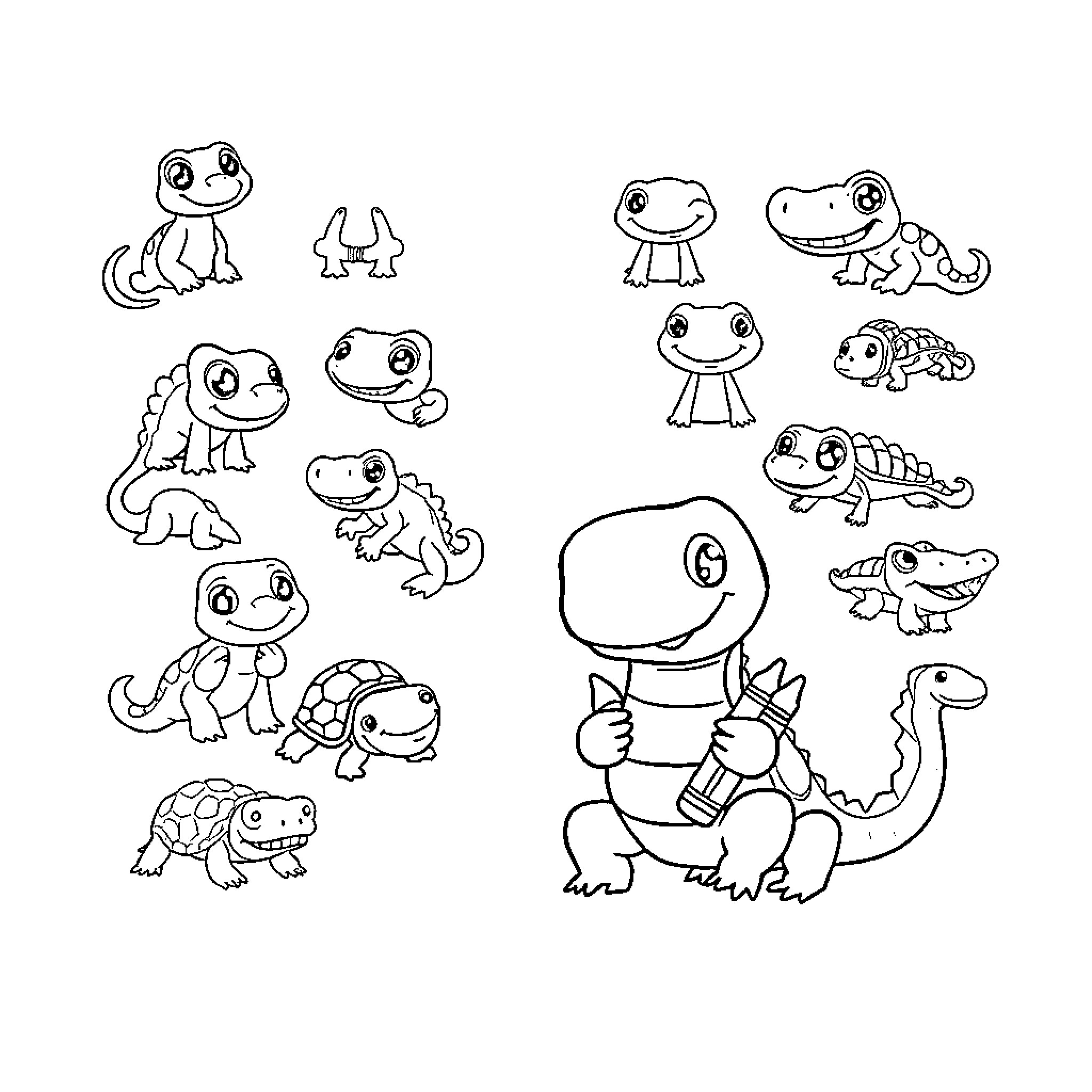 Reptile characters in various poses and activities Coloring Page (free black-and-white line drawing printable PDF for all, from beginners to advanced learners, including children, teens, adults, and seniors)