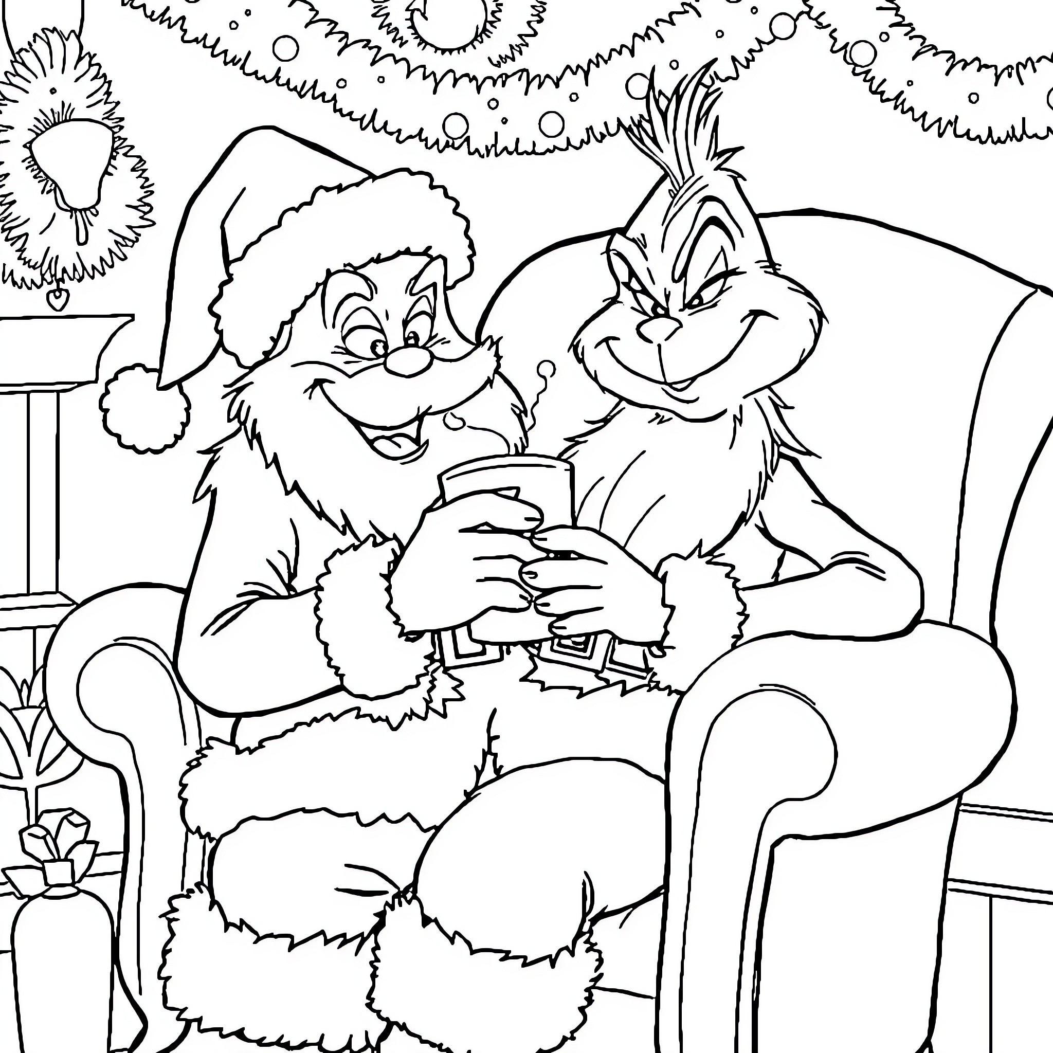 Santa and Festive Companion Enjoying Holiday Cheer Coloring Page (free black-and-white line drawing printable PDF for all, from beginners to advanced learners, including children, teens, adults, and seniors)