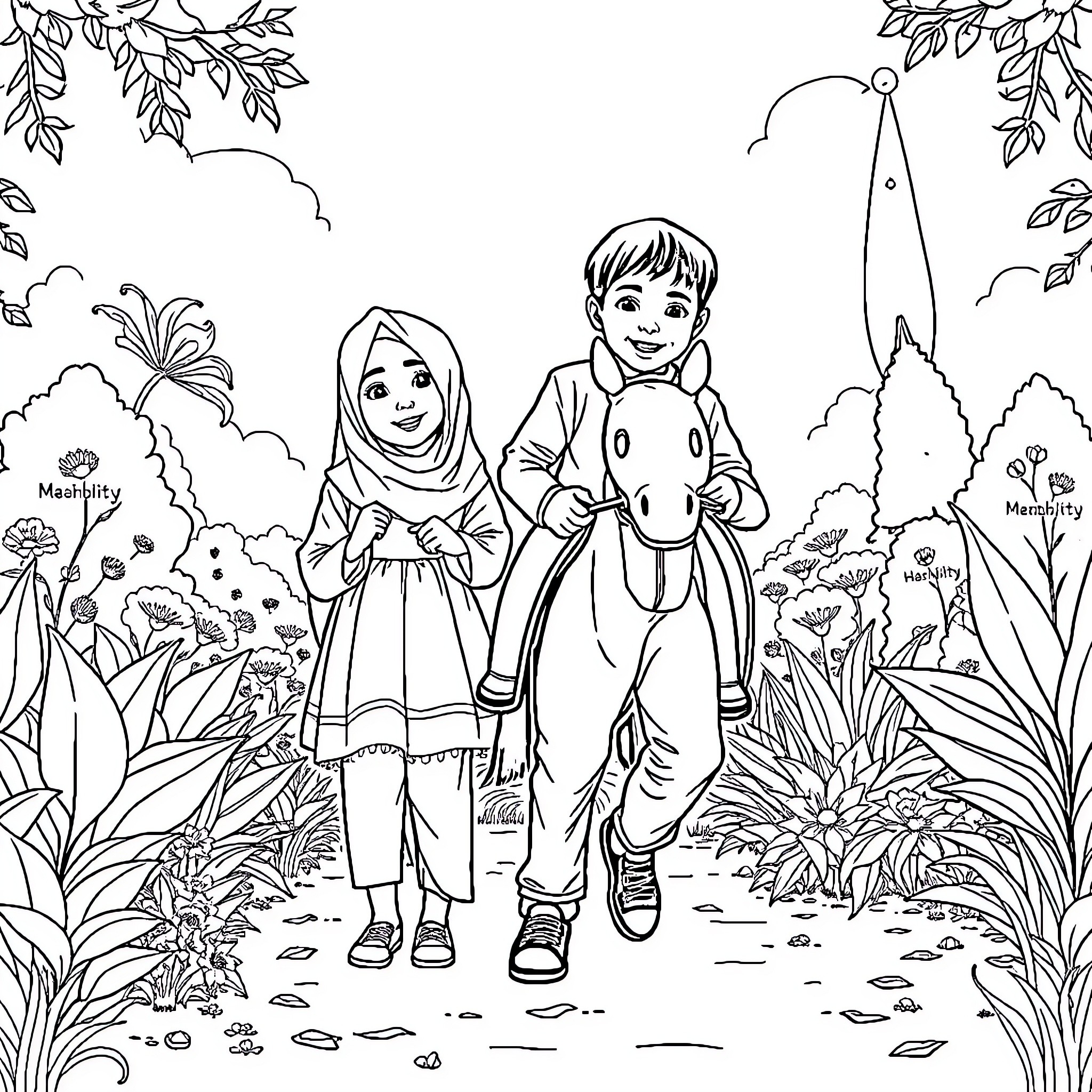 Child adventurers explore the enchanting forest Coloring Page (free black-and-white line drawing printable PDF for all, from beginners to advanced learners, including children, teens, adults, and seniors)