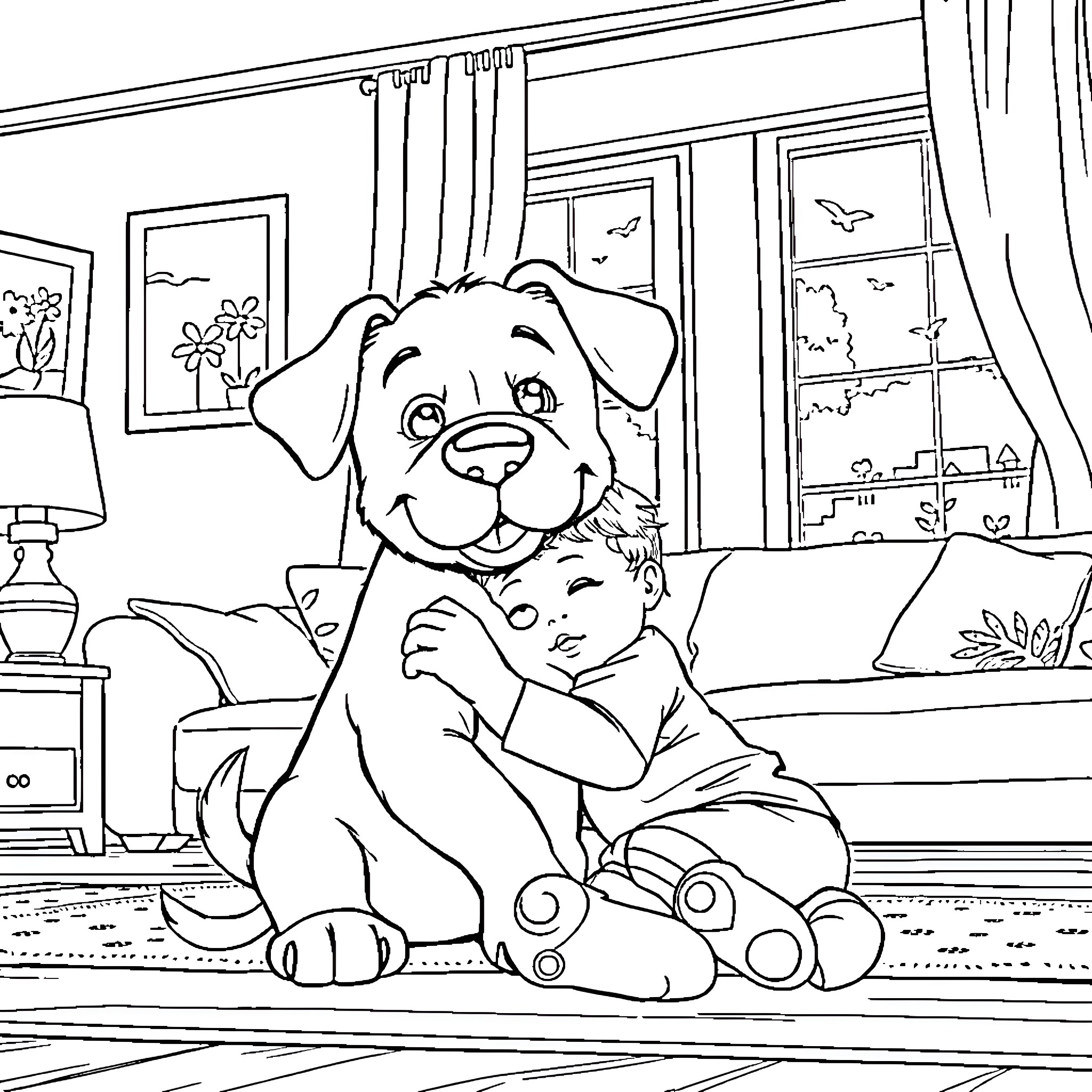 Puppy snuggling with plush toy on living room couch Coloring Page (free black-and-white line drawing printable PDF for all, from beginners to advanced learners, including children, teens, adults, and seniors)
