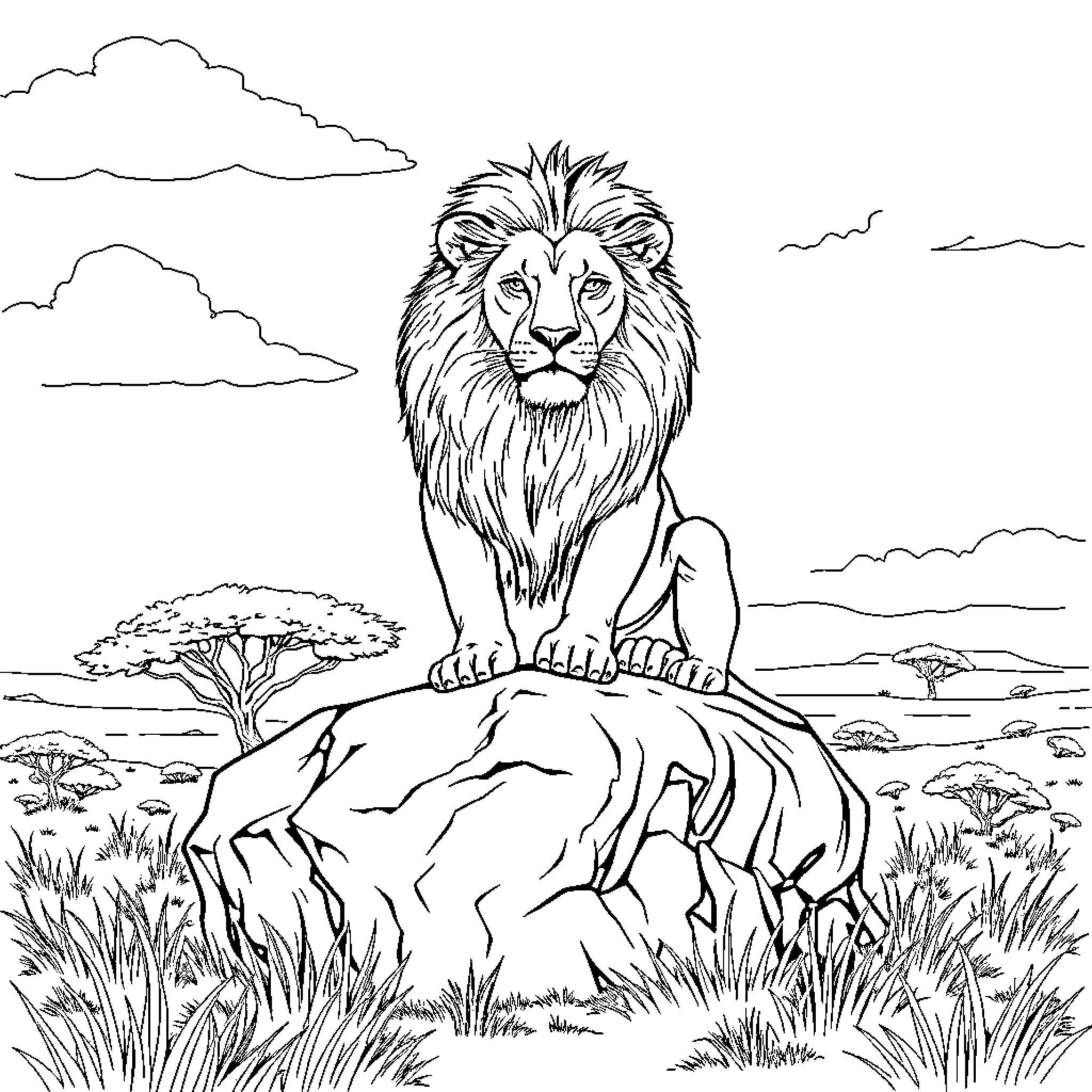 Lion standing majestically on a rocky outcrop Coloring Page (free black-and-white line drawing printable PDF for all, from beginners to advanced learners, including children, teens, adults, and seniors)