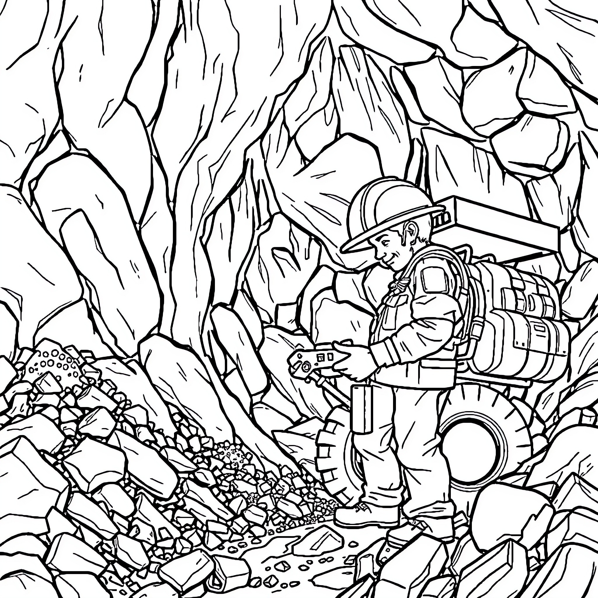 Mining Equipment Exploring Rugged Terrain Coloring Page (free black-and-white line drawing printable PDF for all, from beginners to advanced learners, including children, teens, adults, and seniors)