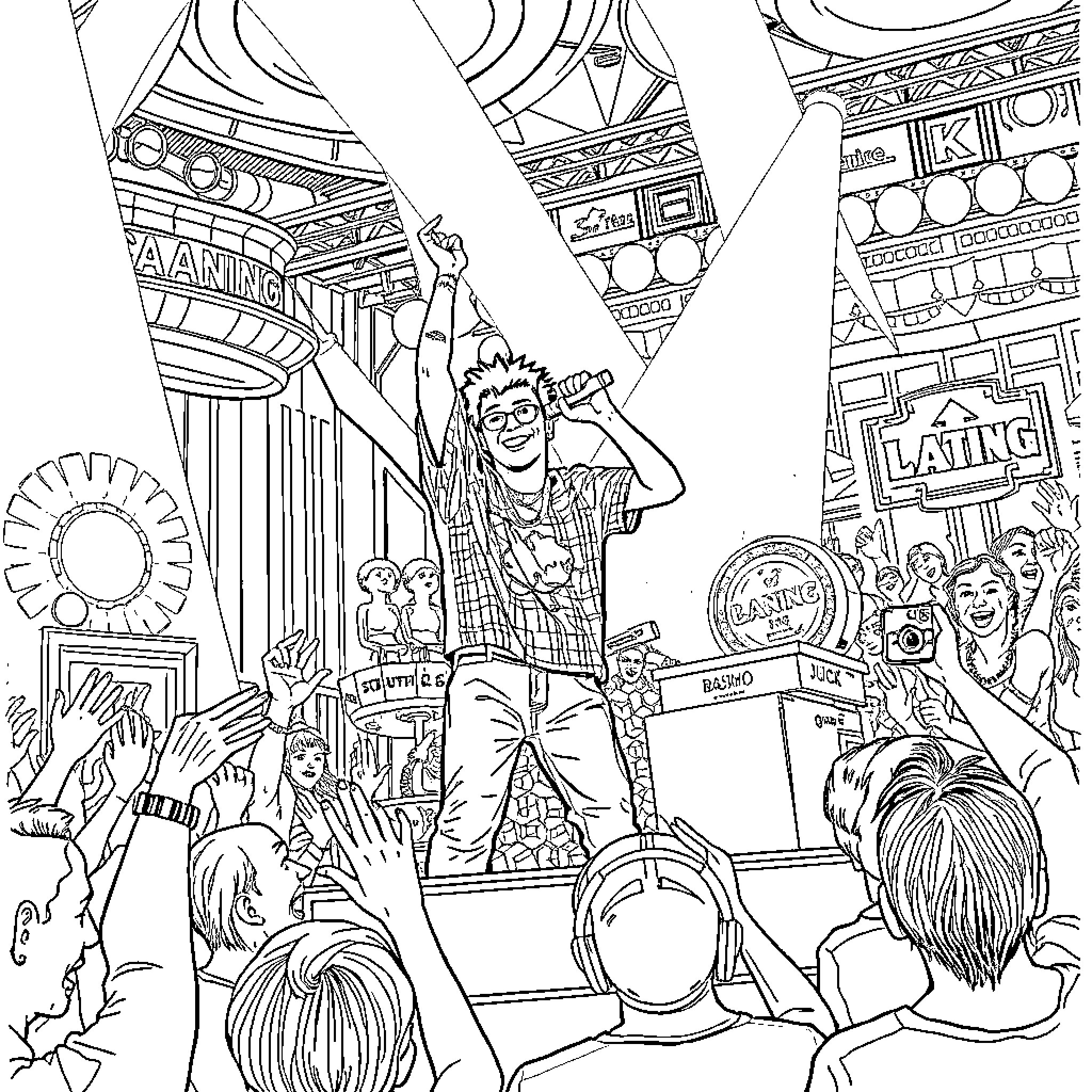 Juice Wrld performing on stage with energetic crowd Coloring Page (free black-and-white line drawing printable PDF for all, from beginners to advanced learners, including children, teens, adults, and seniors)
