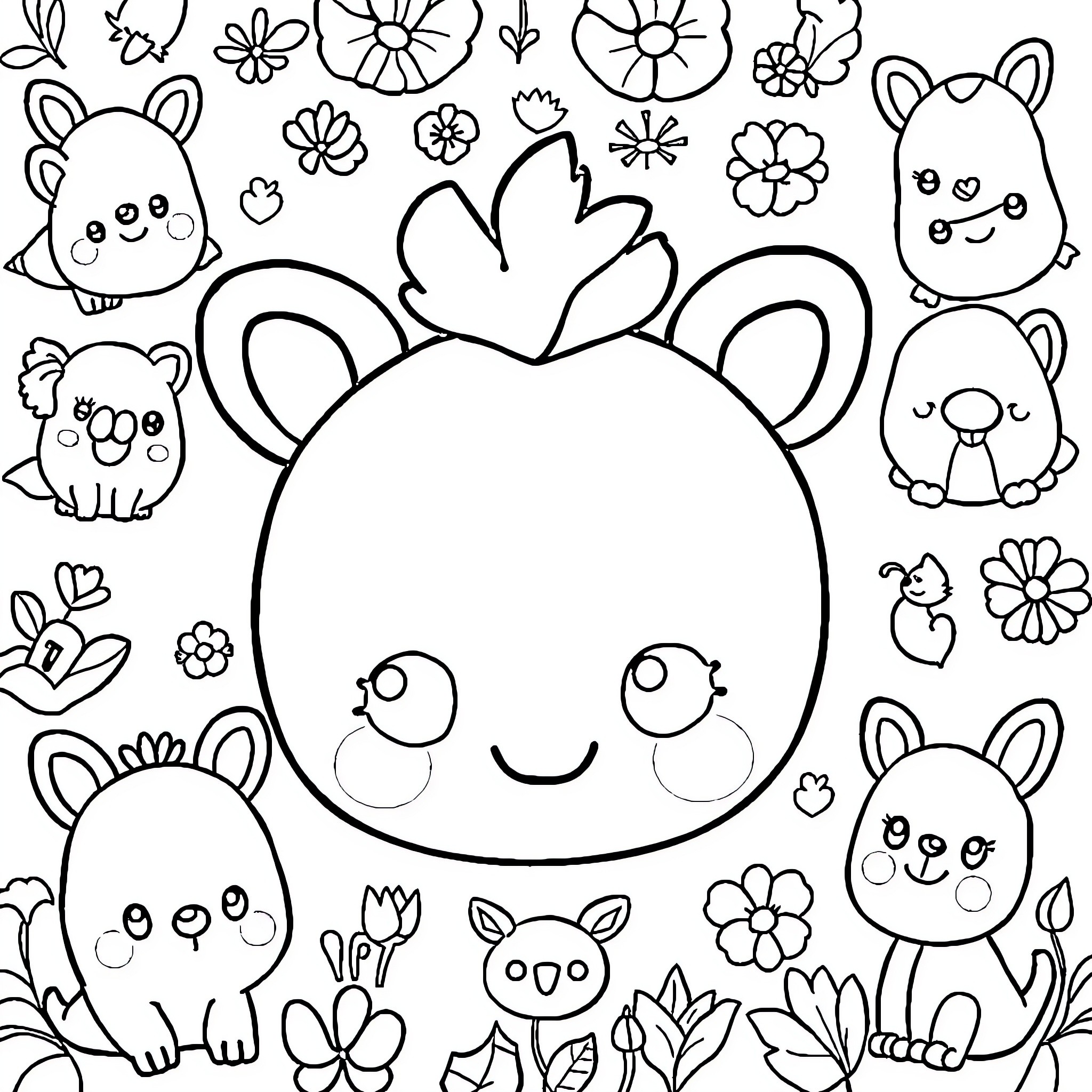 Kawaii Animal Doodles with Flowers Coloring Page (free black-and-white line drawing printable PDF for all, from beginners to advanced learners, including children, teens, adults, and seniors)
