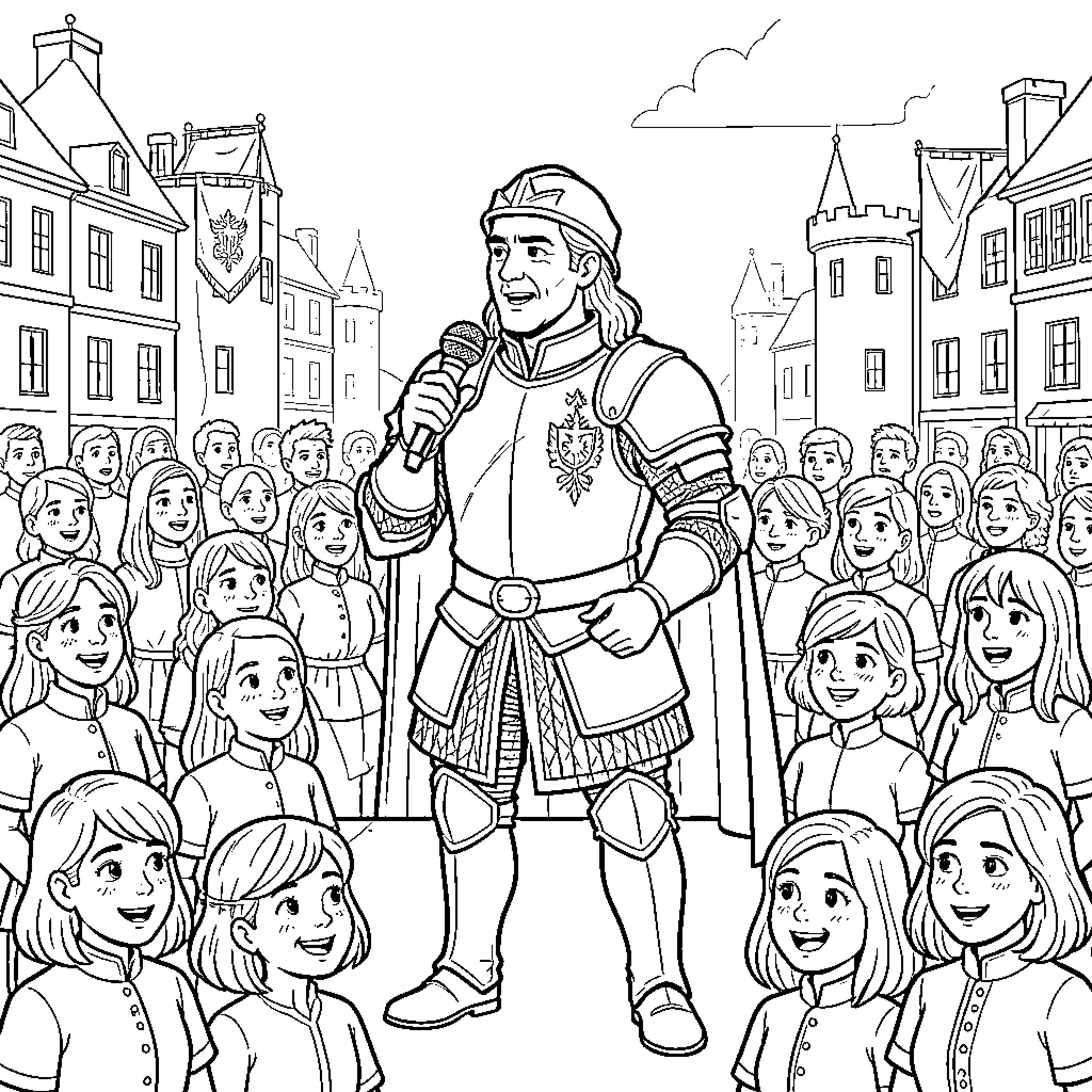 Chevalier addressing a crowd of smiling children Coloring Page (free black-and-white line drawing printable PDF for all, from beginners to advanced learners, including children, teens, adults, and seniors)