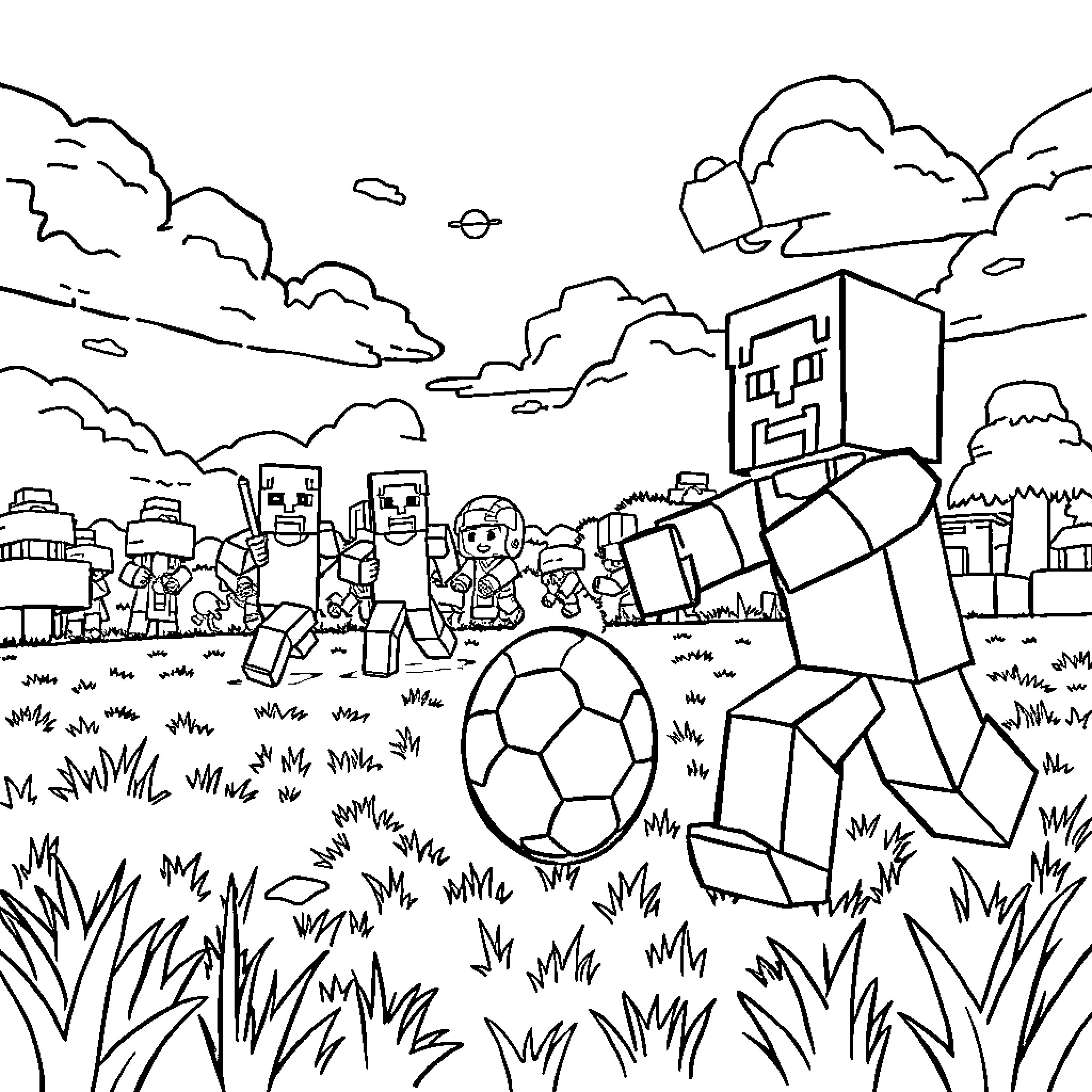 Minecraft Characters Enjoying a Lively Soccer Match Coloring Page (free black-and-white line drawing printable PDF for all, from beginners to advanced learners, including children, teens, adults, and seniors)