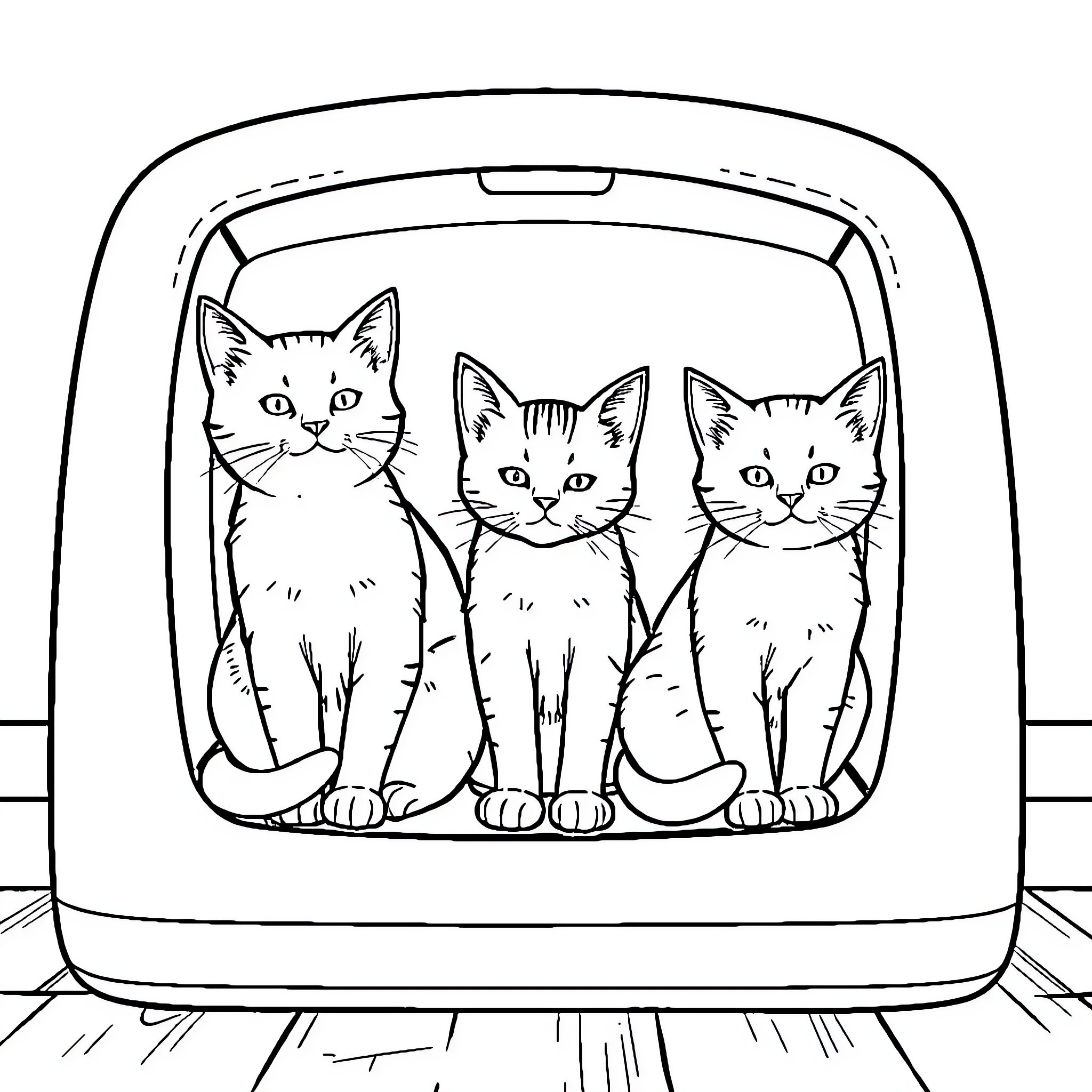Cats sitting in car trunk Coloring Page (free black-and-white line drawing printable PDF for all, from beginners to advanced learners, including children, teens, adults, and seniors)