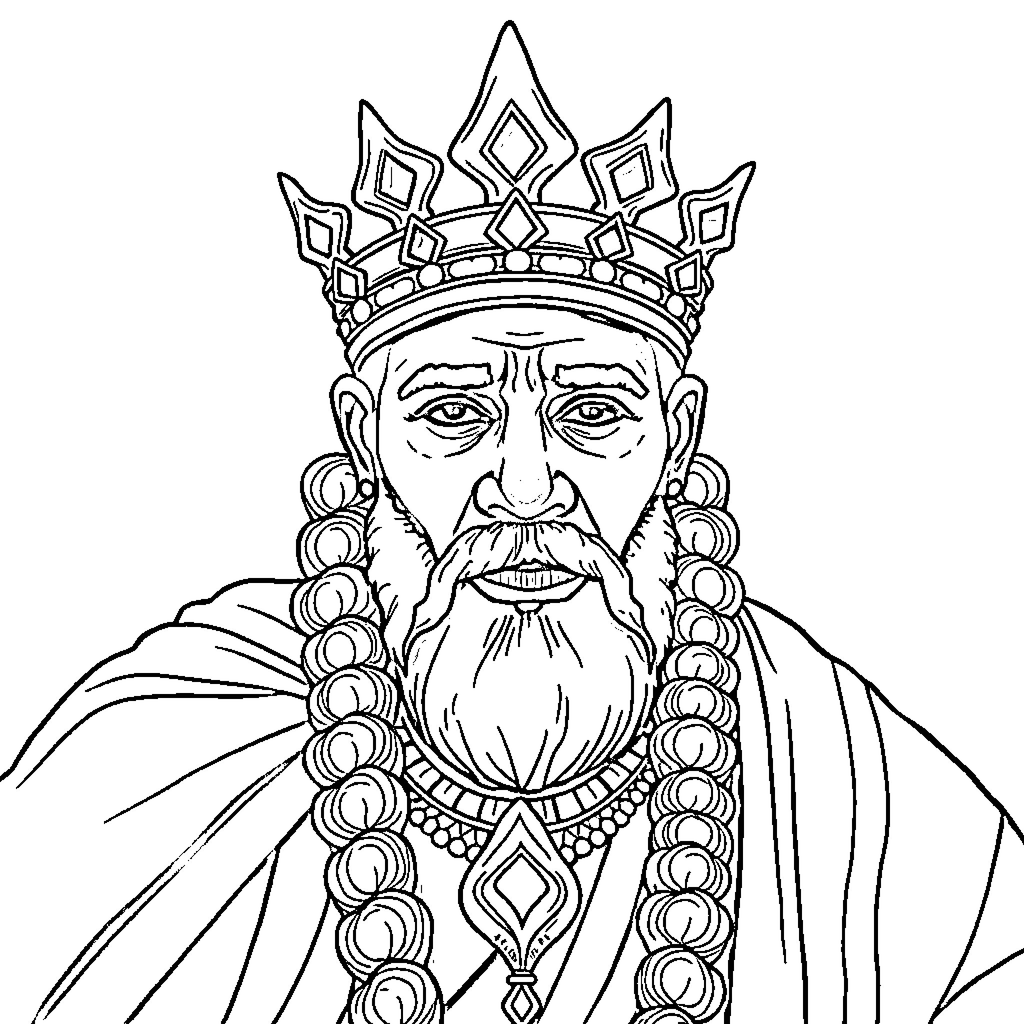 King in Ornate Attire and Crown Coloring Page (free black-and-white line drawing printable PDF for all, from beginners to advanced learners, including children, teens, adults, and seniors)