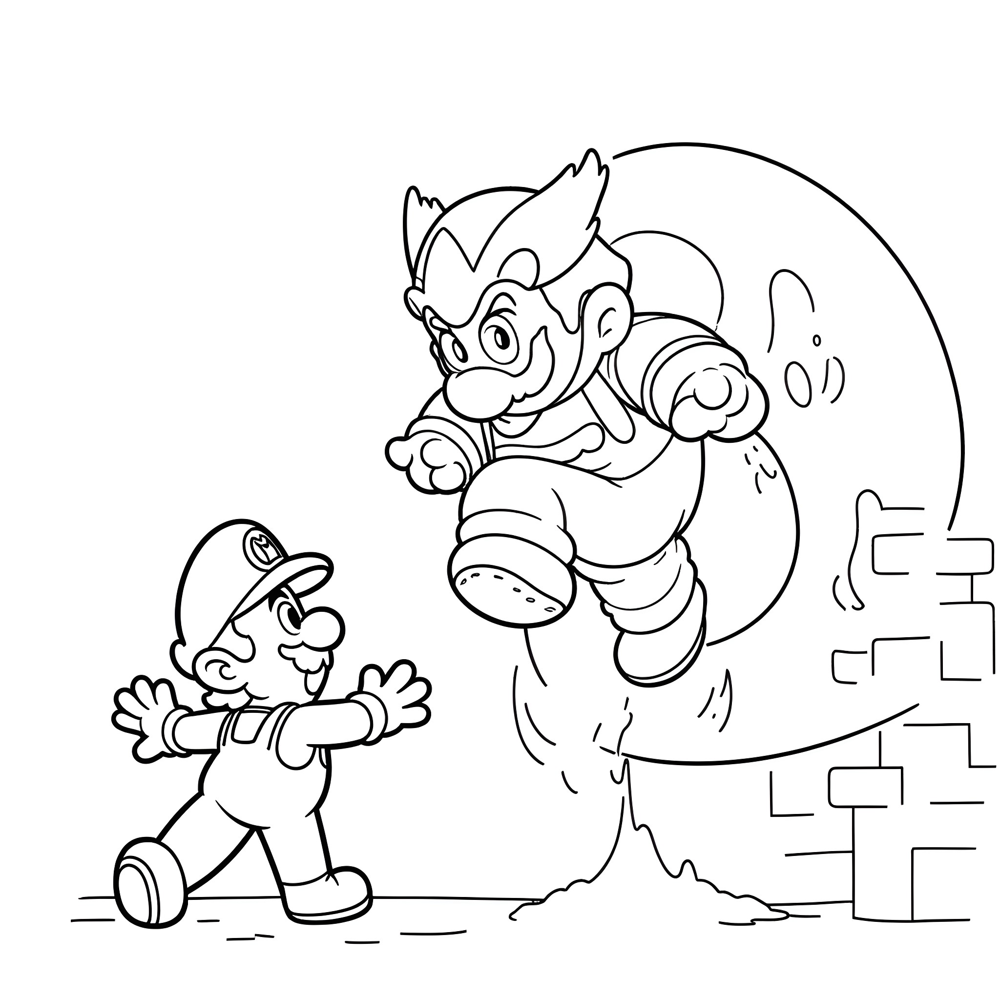 Luigi's adventure with a giant plumber friend Coloring Page (free black-and-white line drawing printable PDF for all, from beginners to advanced learners, including children, teens, adults, and seniors)