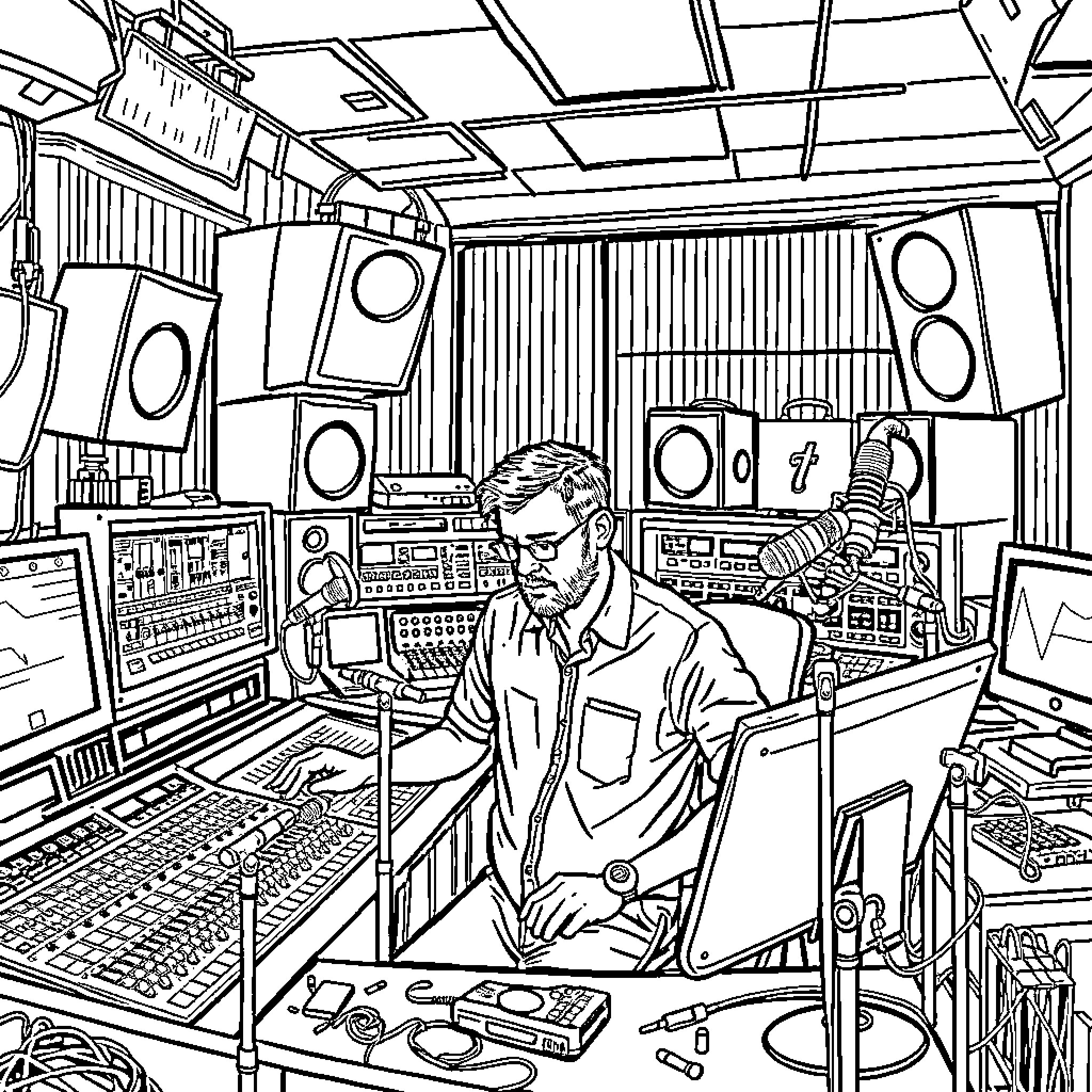 Technician working diligently in a sound studio Coloring Page (free black-and-white line drawing printable PDF for all, from beginners to advanced learners, including children, teens, adults, and seniors)