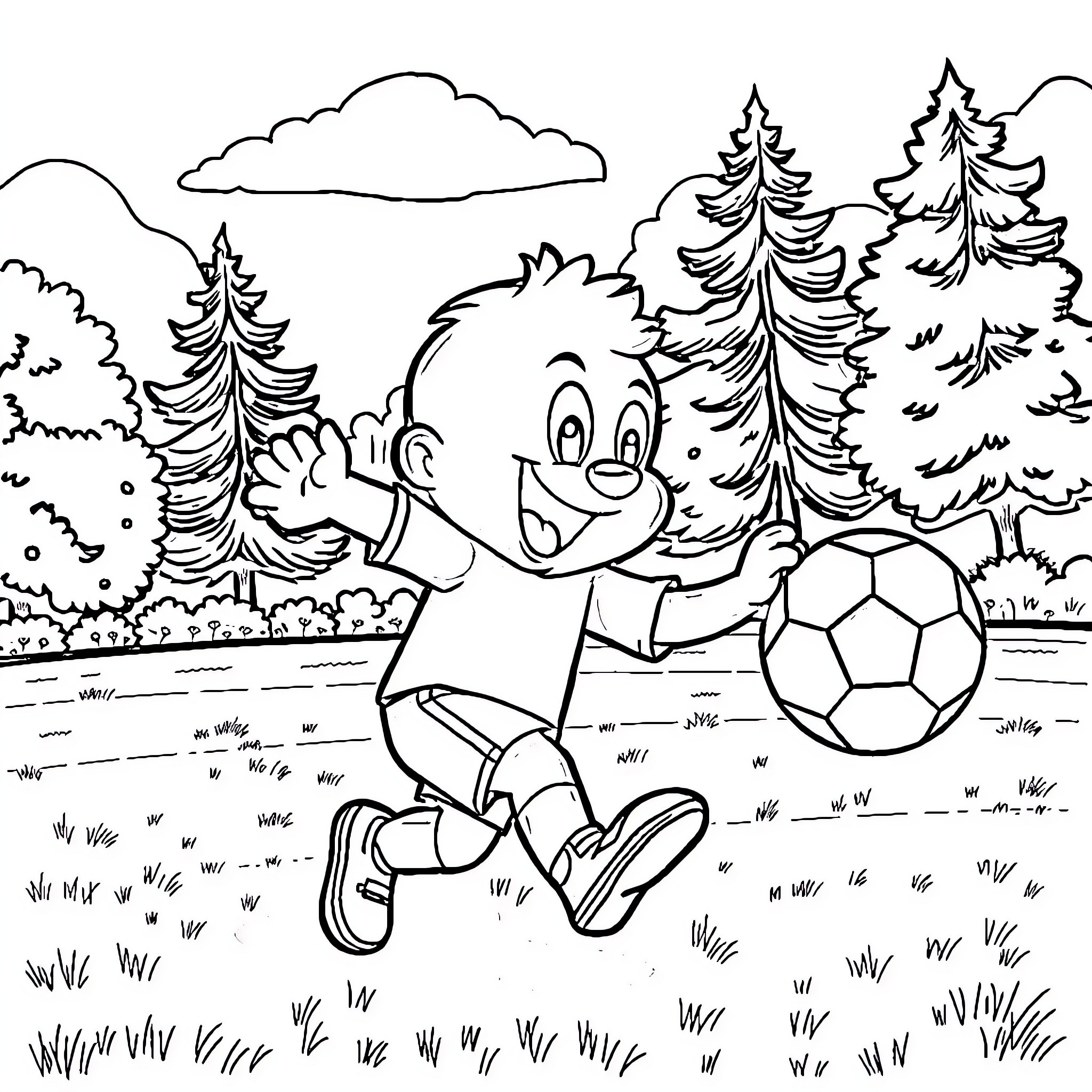 Bluey happily kicking a soccer ball in the forest Coloring Page (free black-and-white line drawing printable PDF for all, from beginners to advanced learners, including children, teens, adults, and seniors)