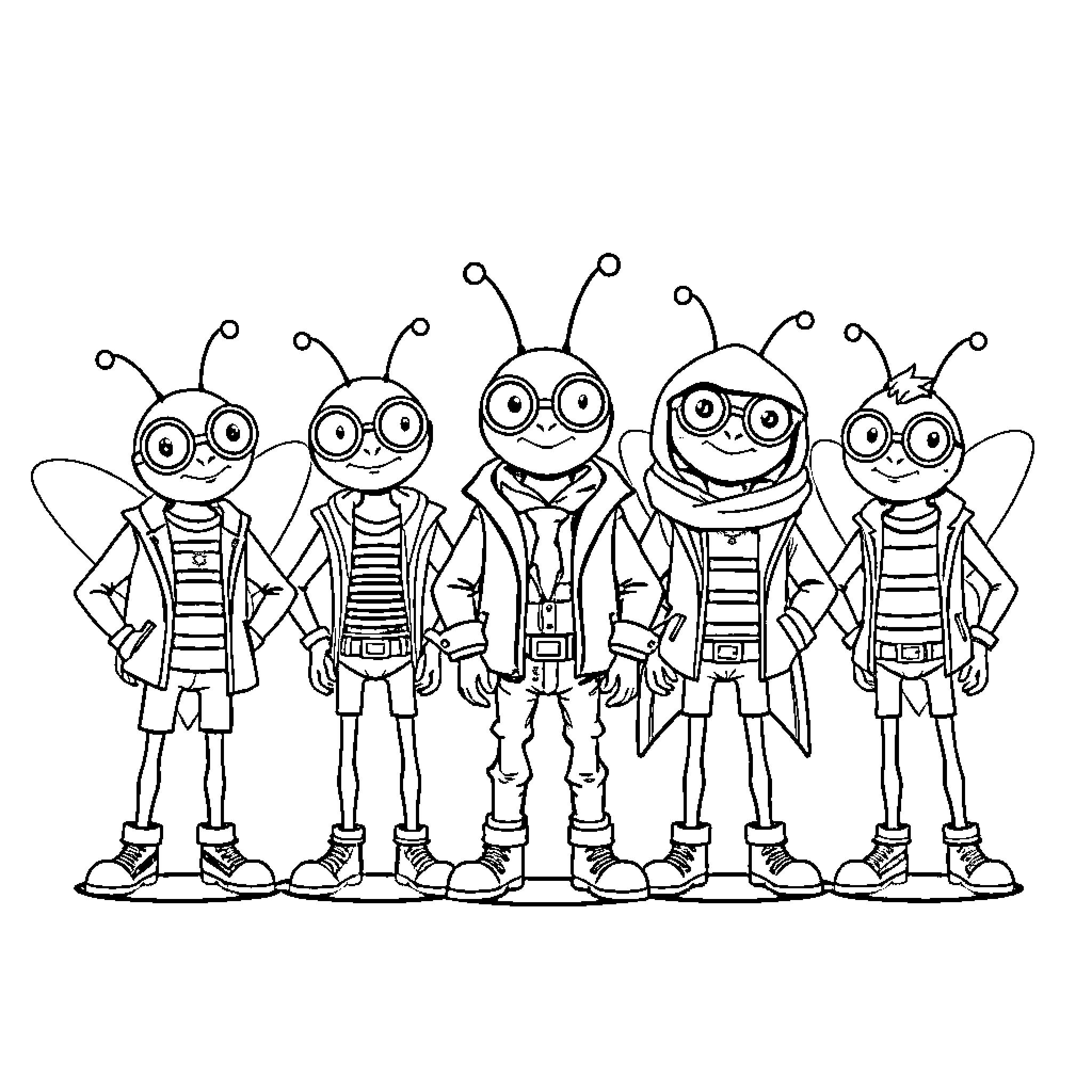 Bugo Insects Posing Together Happily Coloring Page (free black-and-white line drawing printable PDF for all, from beginners to advanced learners, including children, teens, adults, and seniors)