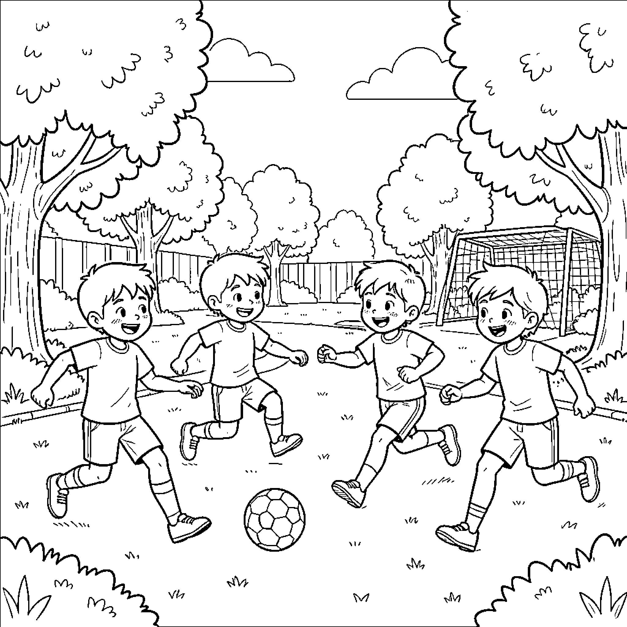 Kid playing soccer in outdoor park Coloring Page (free black-and-white line drawing printable PDF for all, from beginners to advanced learners, including children, teens, adults, and seniors)