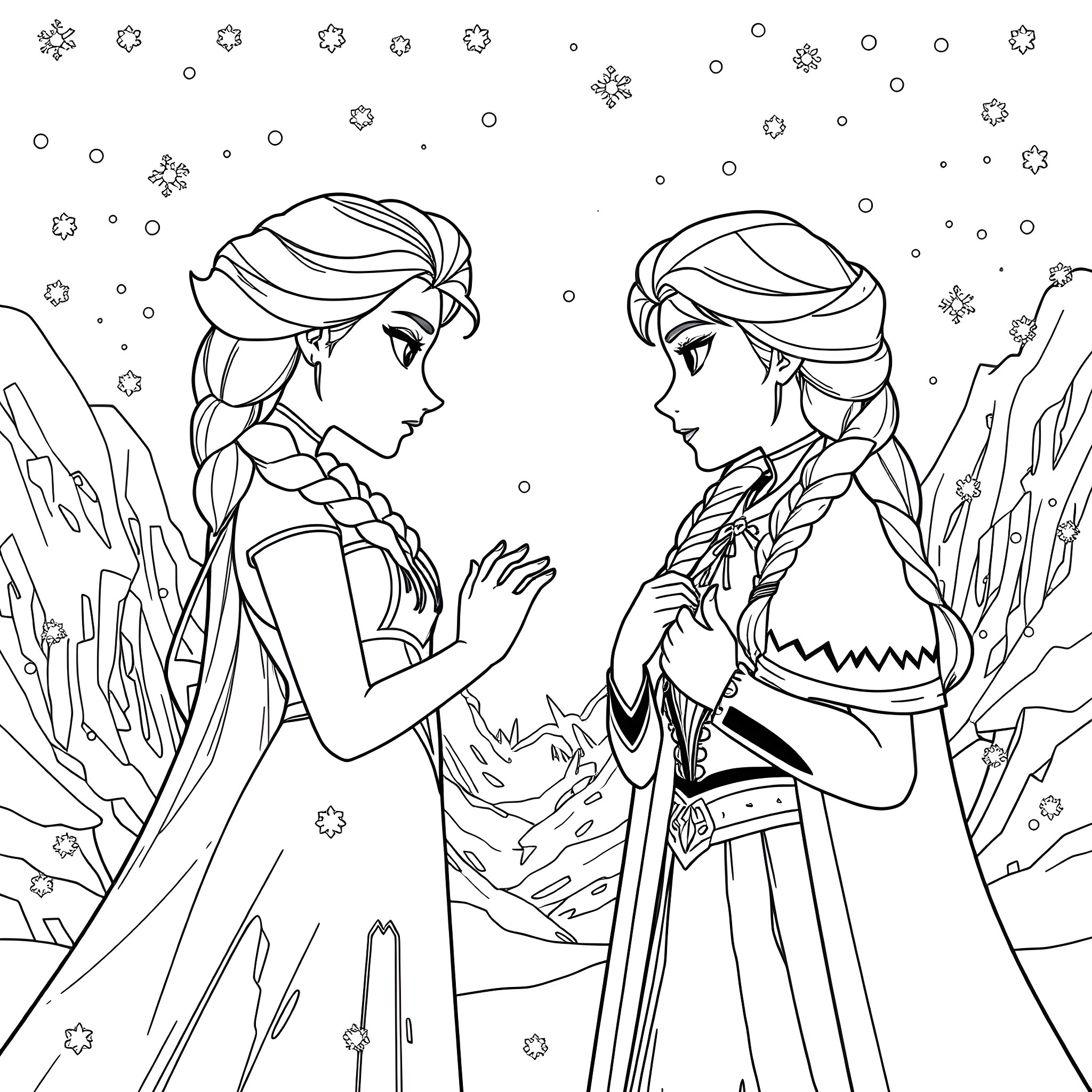 Elsa and Anna sisters standing in the snow Coloring Page (free black-and-white line drawing printable PDF for all, from beginners to advanced learners, including children, teens, adults, and seniors)
