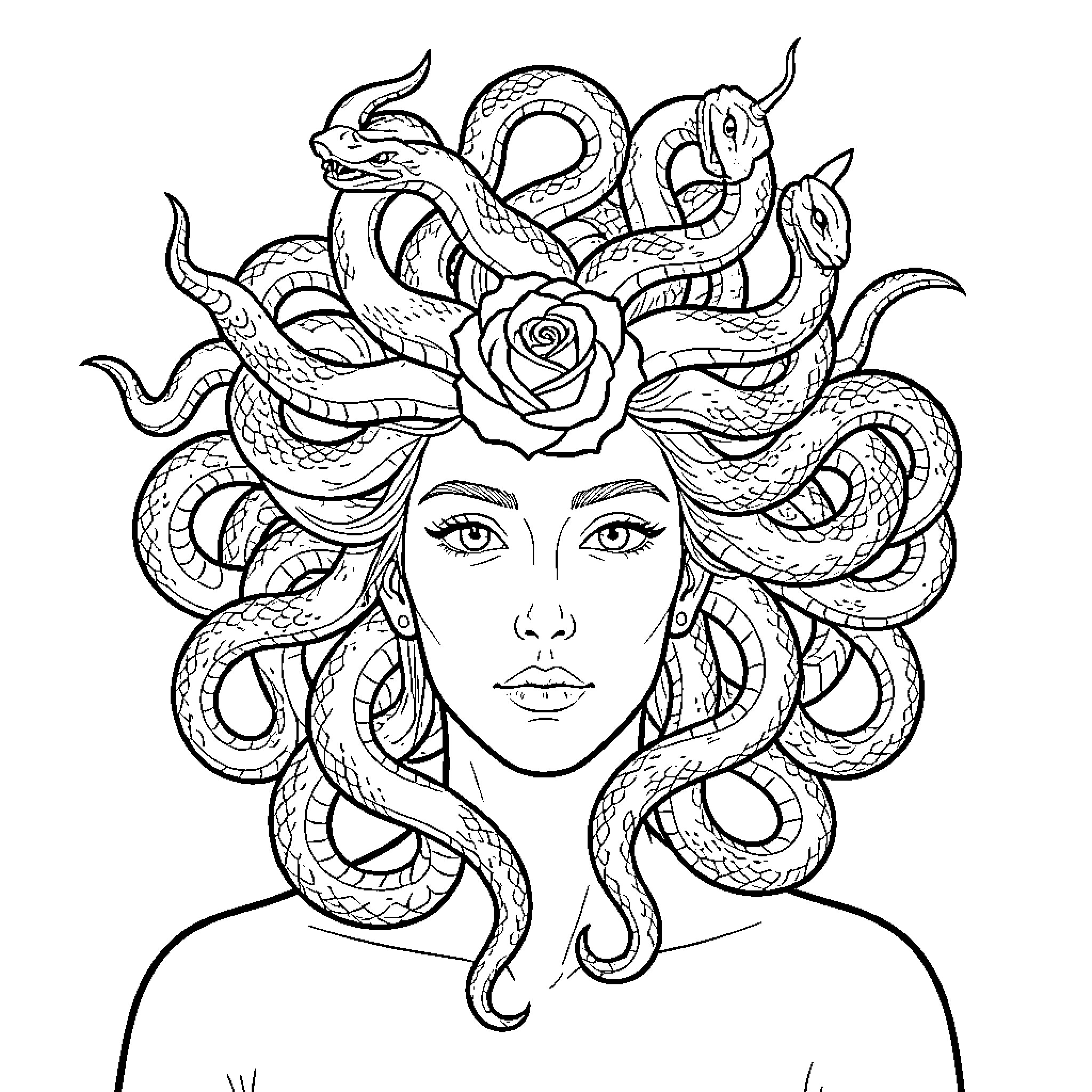 Medusa's Mythical Portrayal with Snakes and Rose Coloring Page (free black-and-white line drawing printable PDF for all, from beginners to advanced learners, including children, teens, adults, and seniors)