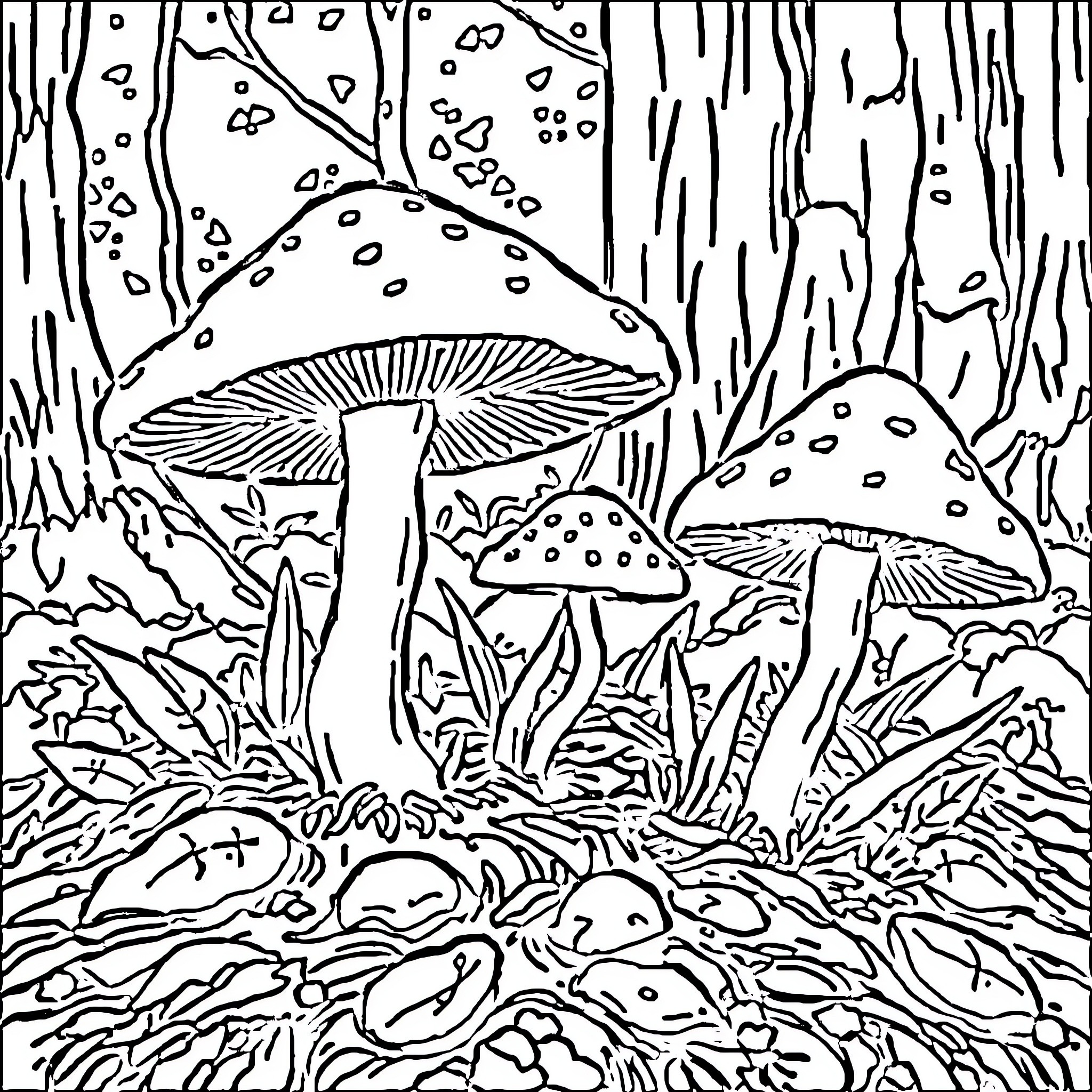 Mushroom forest with whimsical fungi Coloring Page (free black-and-white line drawing printable PDF for all, from beginners to advanced learners, including children, teens, adults, and seniors)