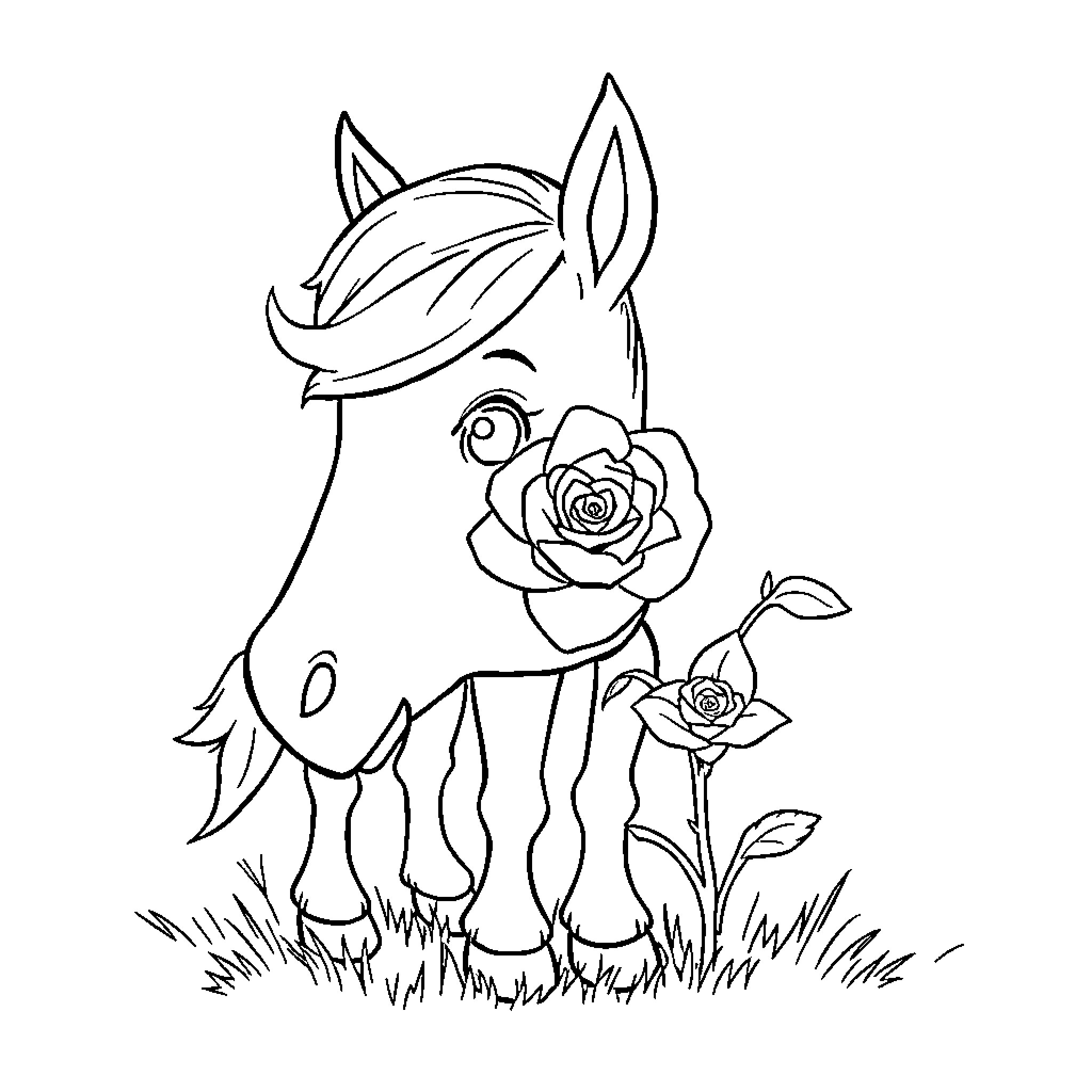 Horse with Floral Accessories in Nature Coloring Page (free black-and-white line drawing printable PDF for all, from beginners to advanced learners, including children, teens, adults, and seniors)
