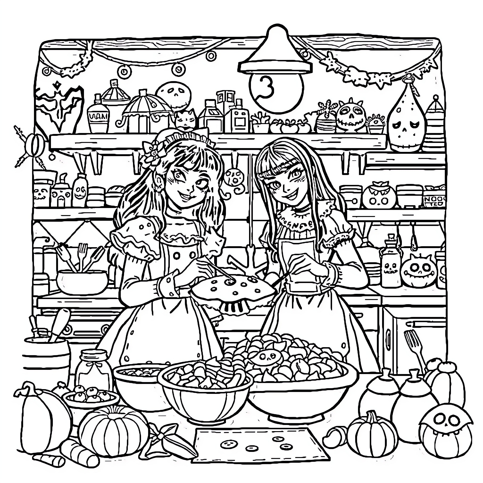 Vamparina's Halloween Party Preparations Coloring Page (free black-and-white line drawing printable PDF for all, from beginners to advanced learners, including children, teens, adults, and seniors)
