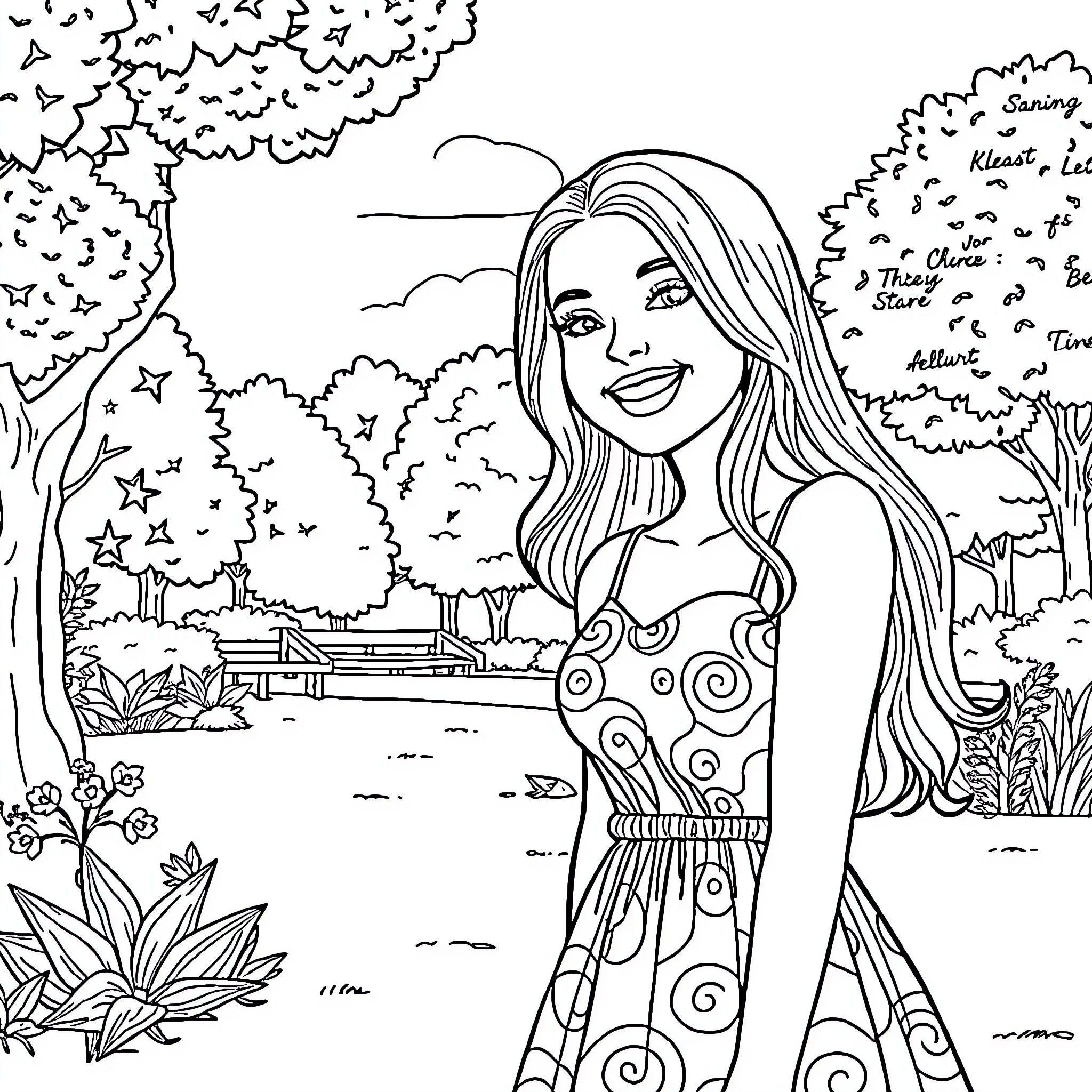 Luisa enjoying the serene nature outdoors Coloring Page (free black-and-white line drawing printable PDF for all, from beginners to advanced learners, including children, teens, adults, and seniors)