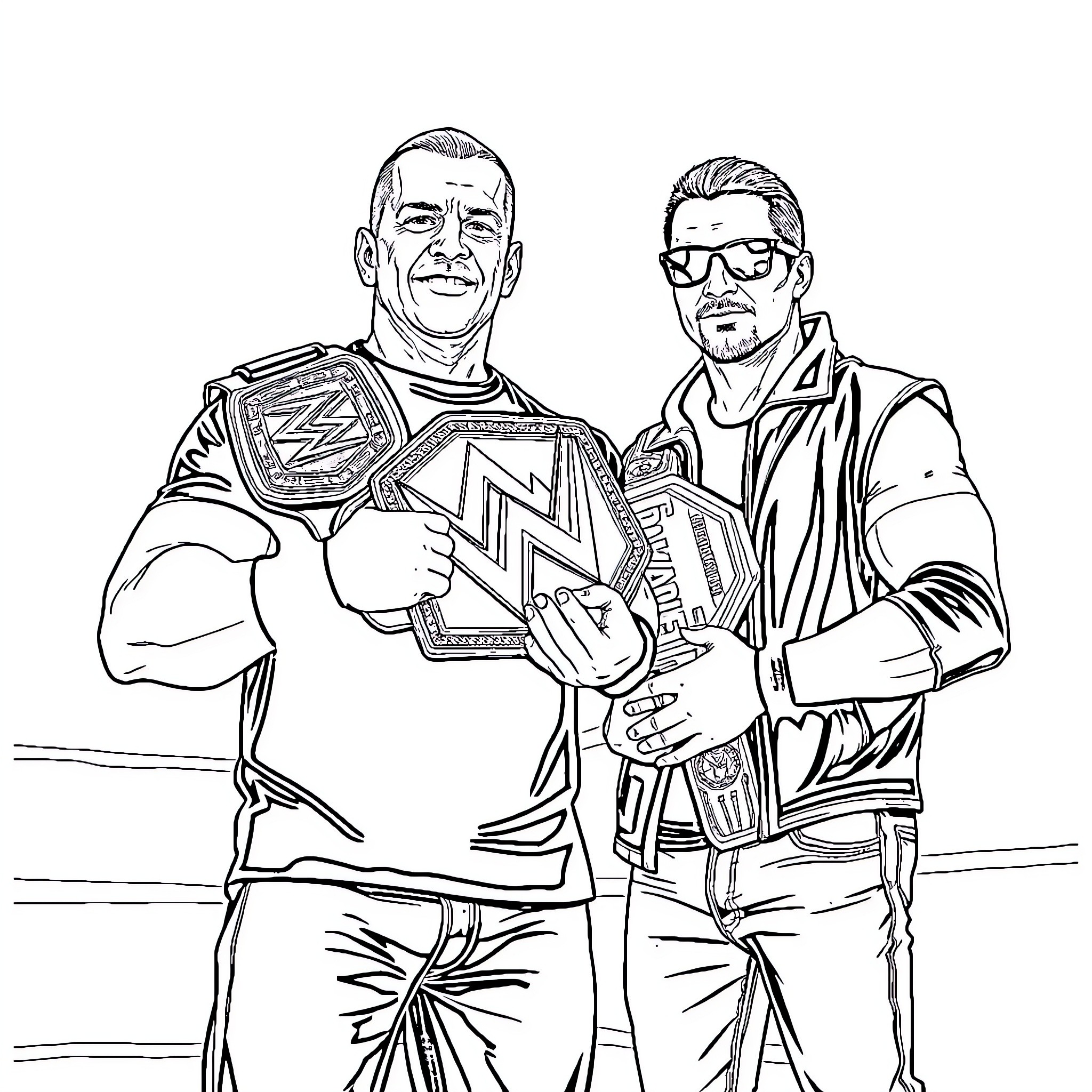 Wrestler Champions Posing Together in the Ring Coloring Page (free black-and-white line drawing printable PDF for all, from beginners to advanced learners, including children, teens, adults, and seniors)
