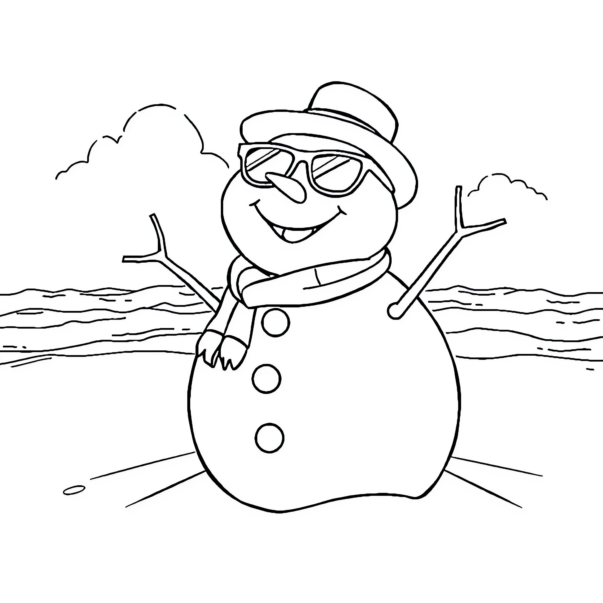 Snowman with sunglasses and scarf enjoying the outdoors Coloring Page (free black-and-white line drawing printable PDF for all, from beginners to advanced learners, including children, teens, adults, and seniors)