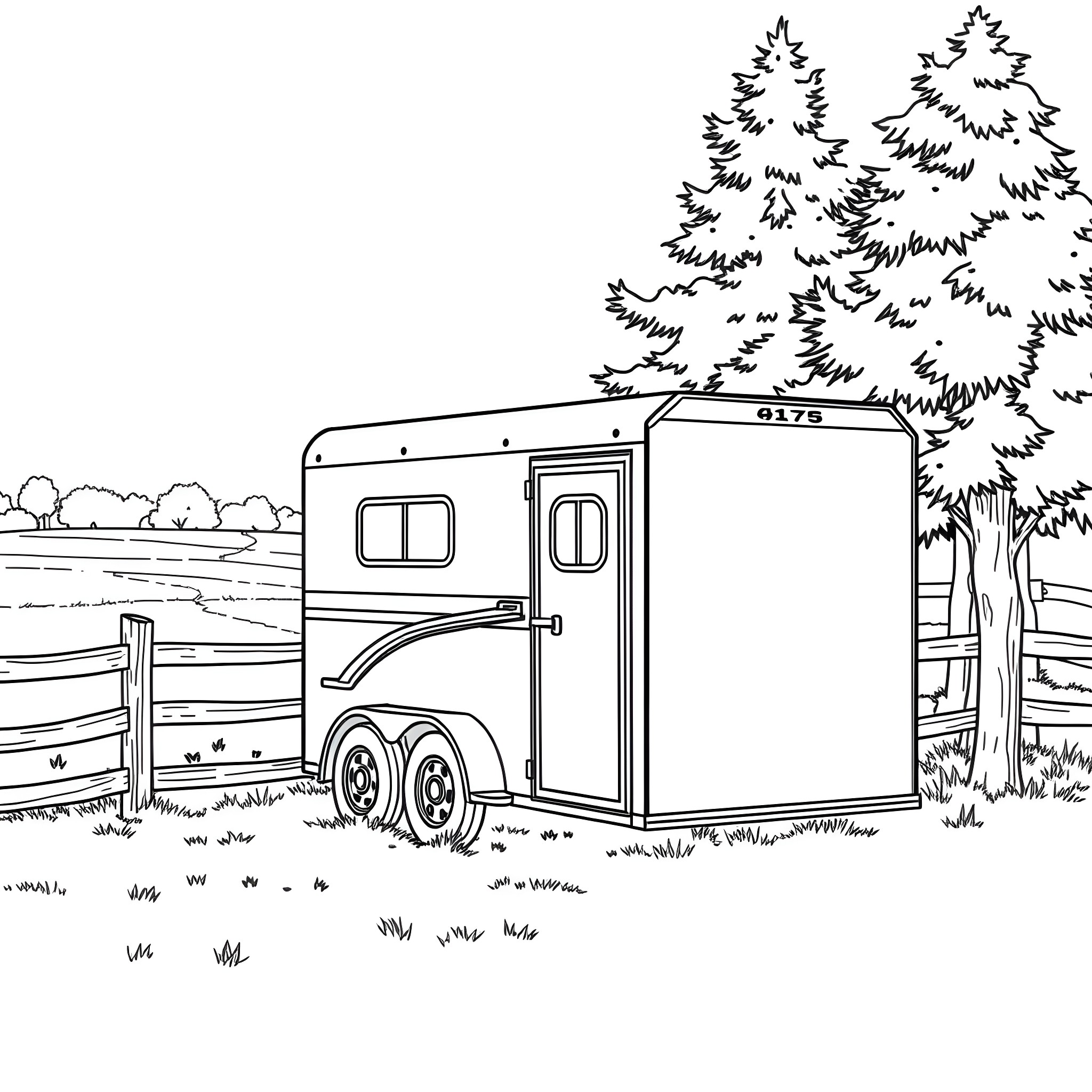 Horse Trailer Parked in Serene Forest Landscape Coloring Page (free black-and-white line drawing printable PDF for all, from beginners to advanced learners, including children, teens, adults, and seniors)